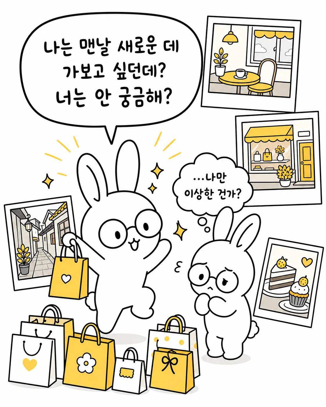 다양한 쇼핑백을 들고 신나하는 토끼와 그 옆에서 고민하는 토끼