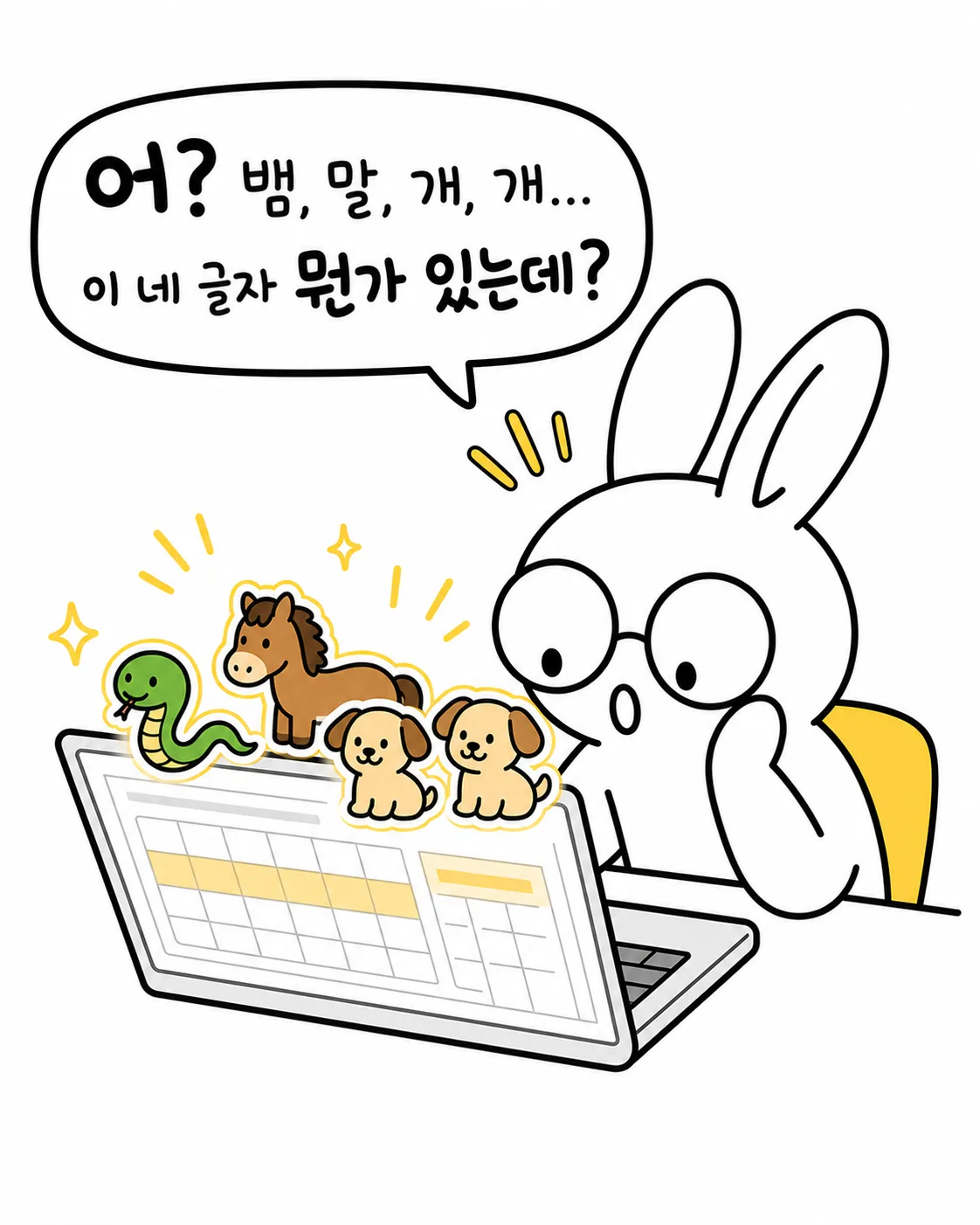 토끼 캐릭터가 노트북 화면을 보며 뱀, 말, 개, 개의 글자와 아이콘을 발견하고 놀라는 모습
