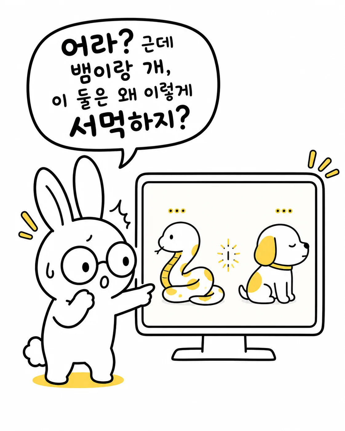 토끼가 컴퓨터 화면 속 뱀과 개가 서로 서먹하게 서 있는 모습을 보며 의아해하는 표정