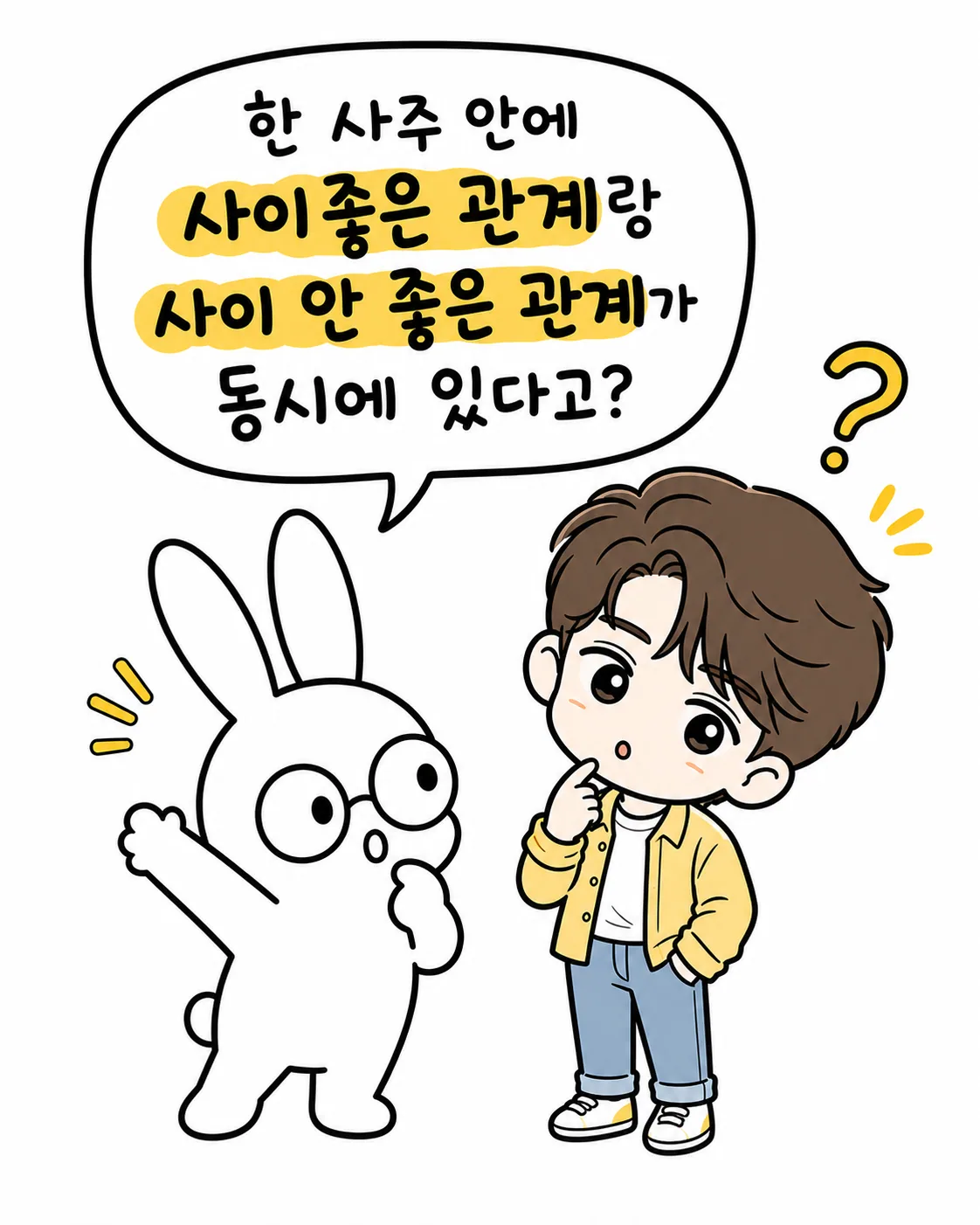 토끼가 성한빈 캐릭터에게 사주 속 상반된 관계에 대해 설명하며 질문하는 모습