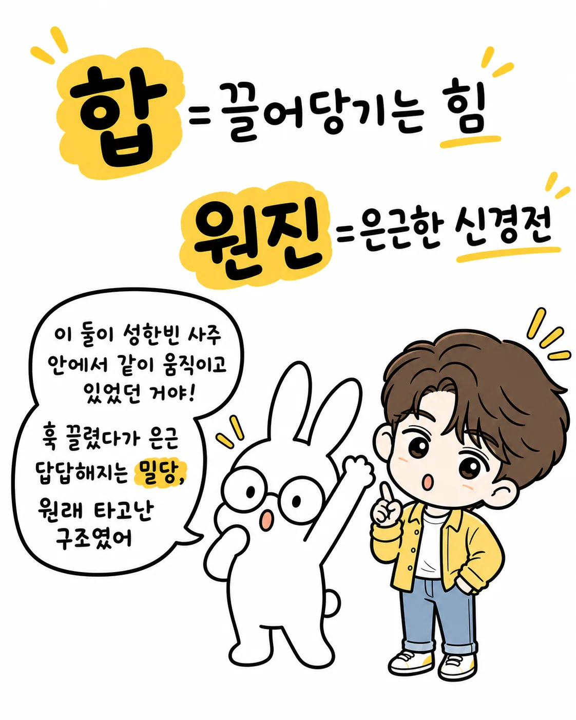 토끼와 성한빈 캐릭터가 합과 원진의 의미를 정리하며 대화하는 모습