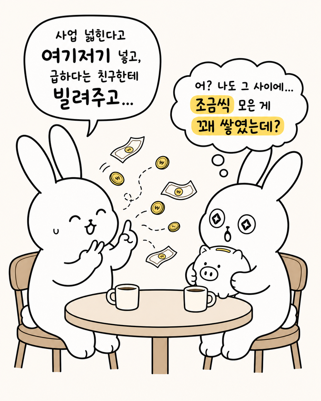 한 토끼는 사업 확장과 지인 빌려주기로 돈이 나가는 모습, 다른 토끼는 저금통을 보며 생각에 잠긴 모습