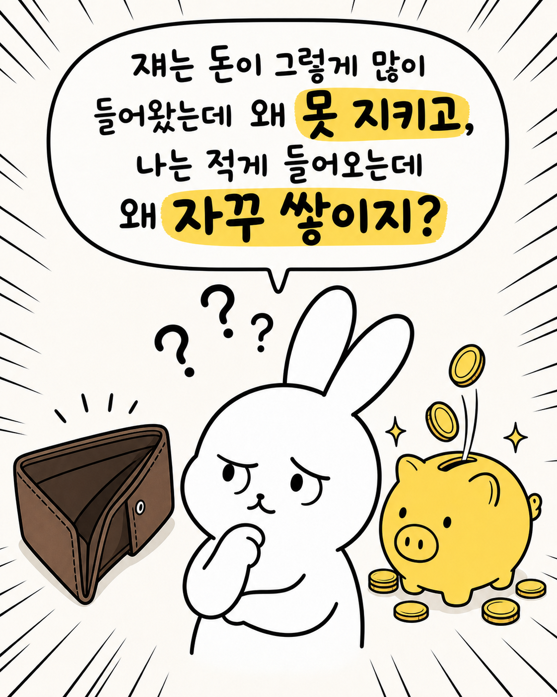 지갑은 비어있고 저금통은 꽉 찬 것을 보며 고민하는 토끼