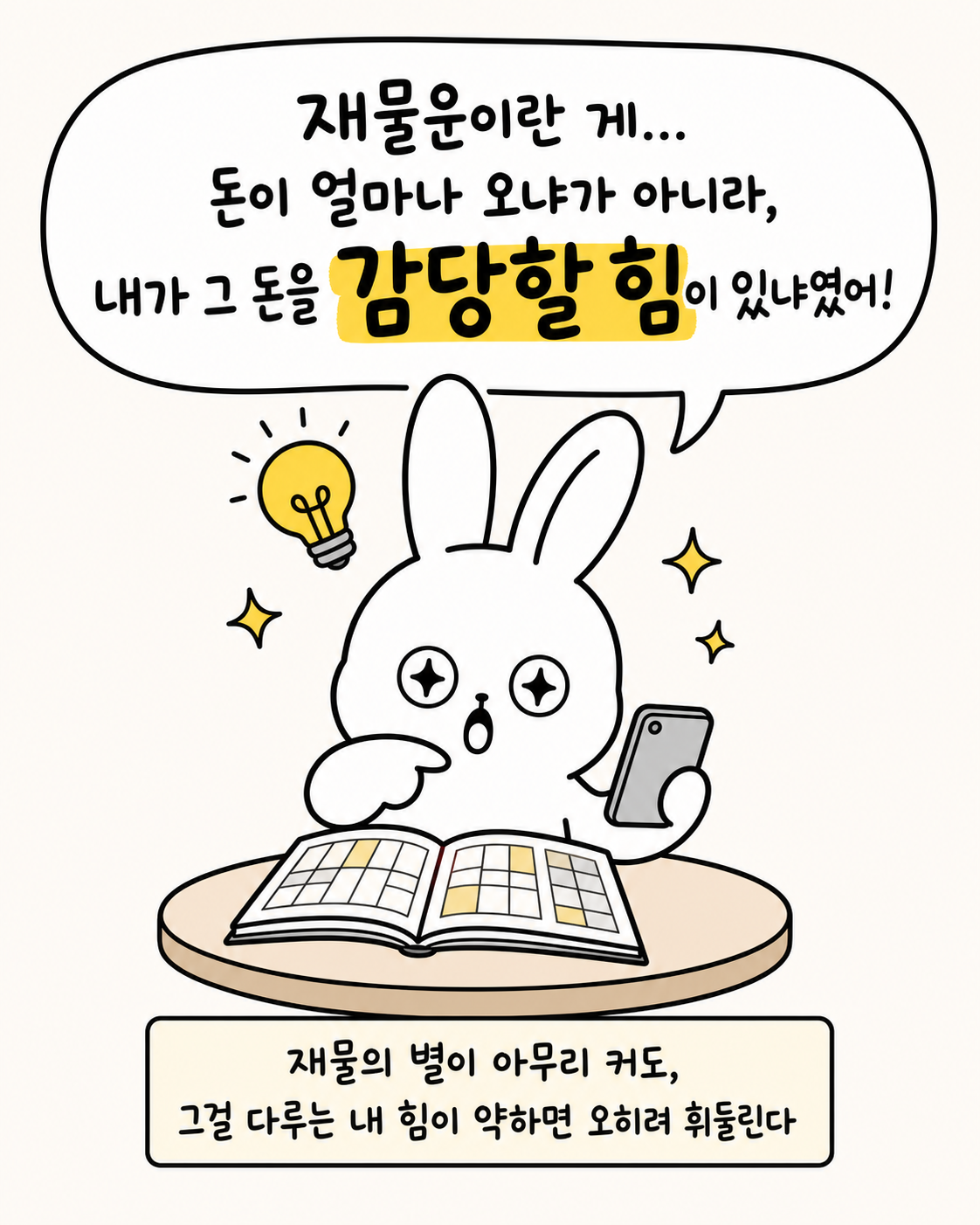 많은 돈에 파묻혀 힘들어하는 토끼와 작은 돈을 소중히 쥐고 웃는 토끼의 대비
