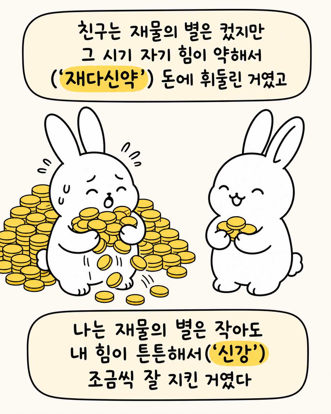서로 마주 보며 웃으며 대화하는 두 토끼와 주변에 떠다니는 하트
