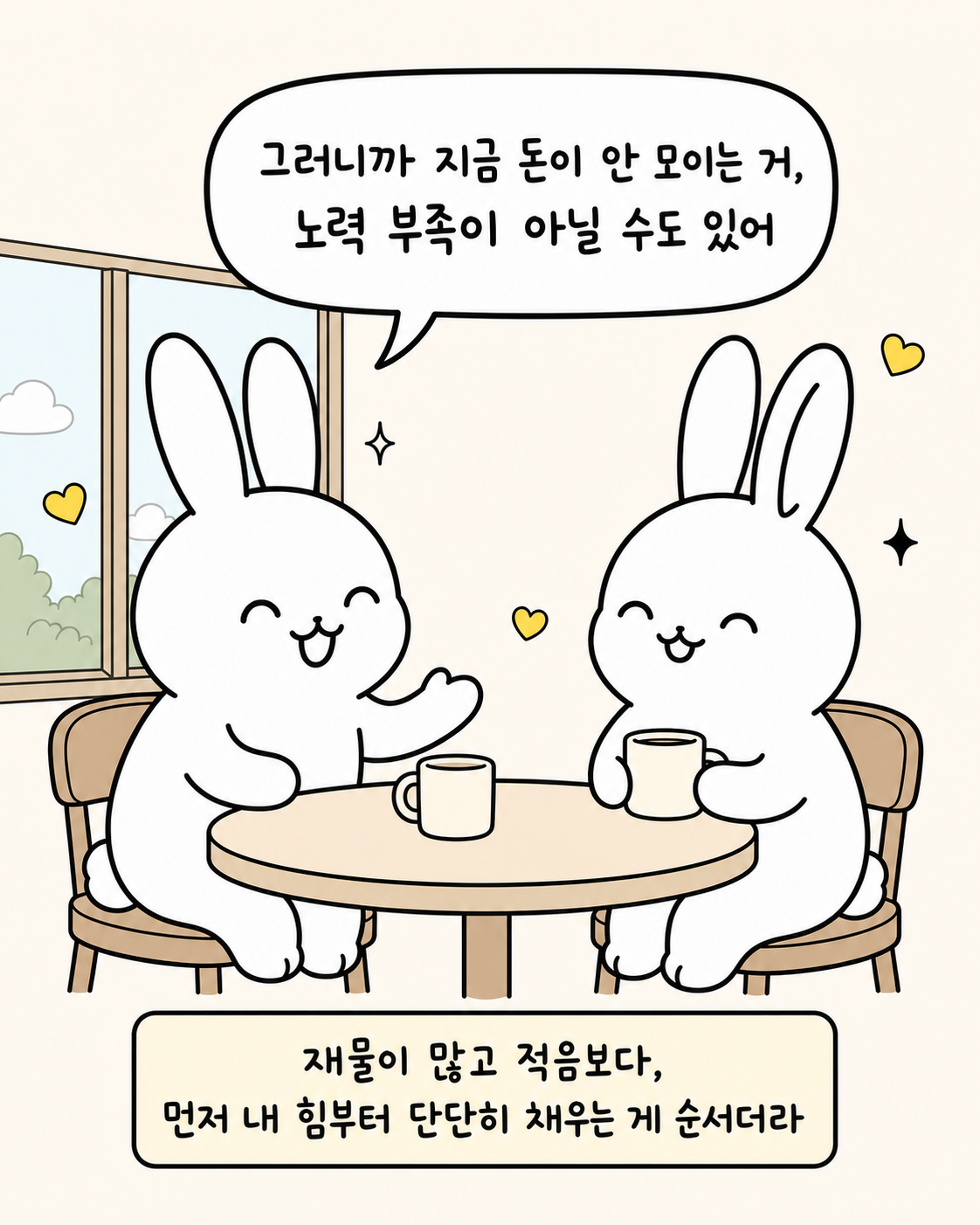 앞선 대화를 나누며 다정하게 웃고 있는 두 토끼의 모습