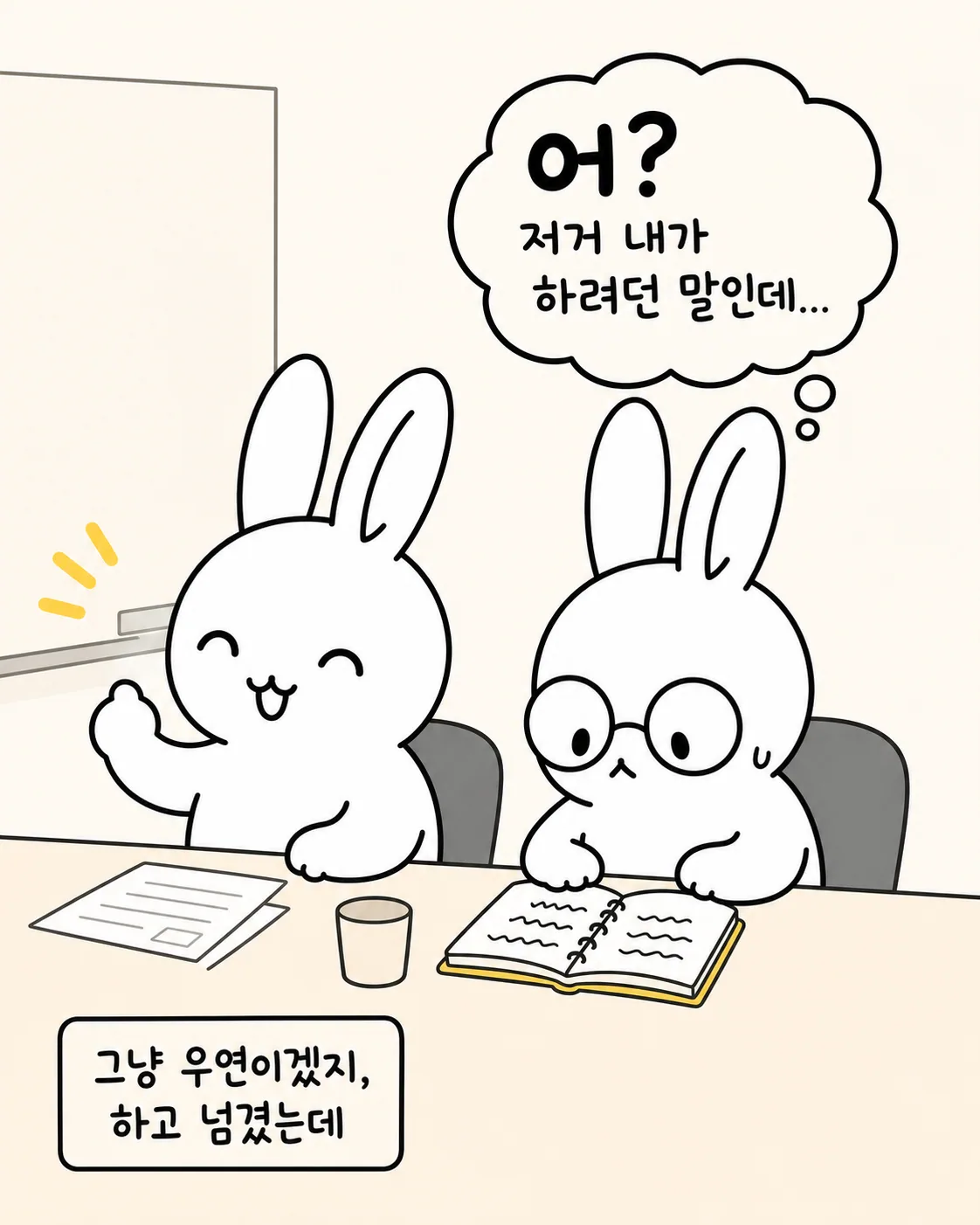 두 마리 토끼가 회의실에 앉아 있고, 한 토끼가 말하려던 내용을 다른 토끼가 생각하고 있는 장면
