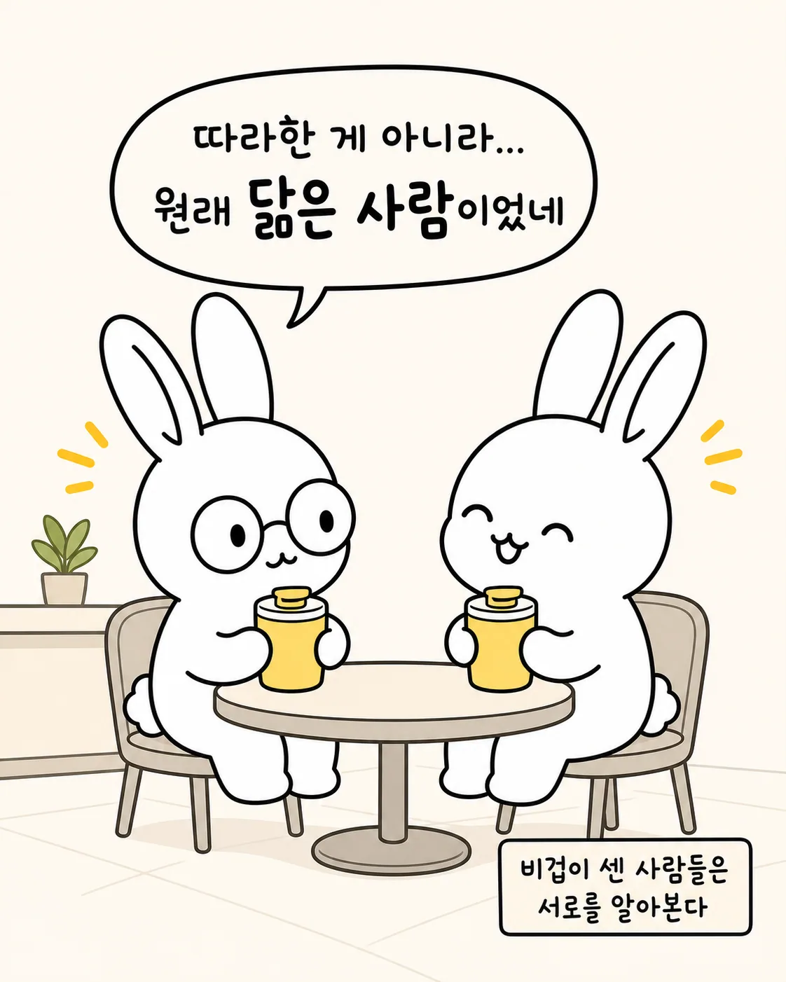 두 토끼가 카페에 마주 앉아 차를 마시며 미소 짓는 모습