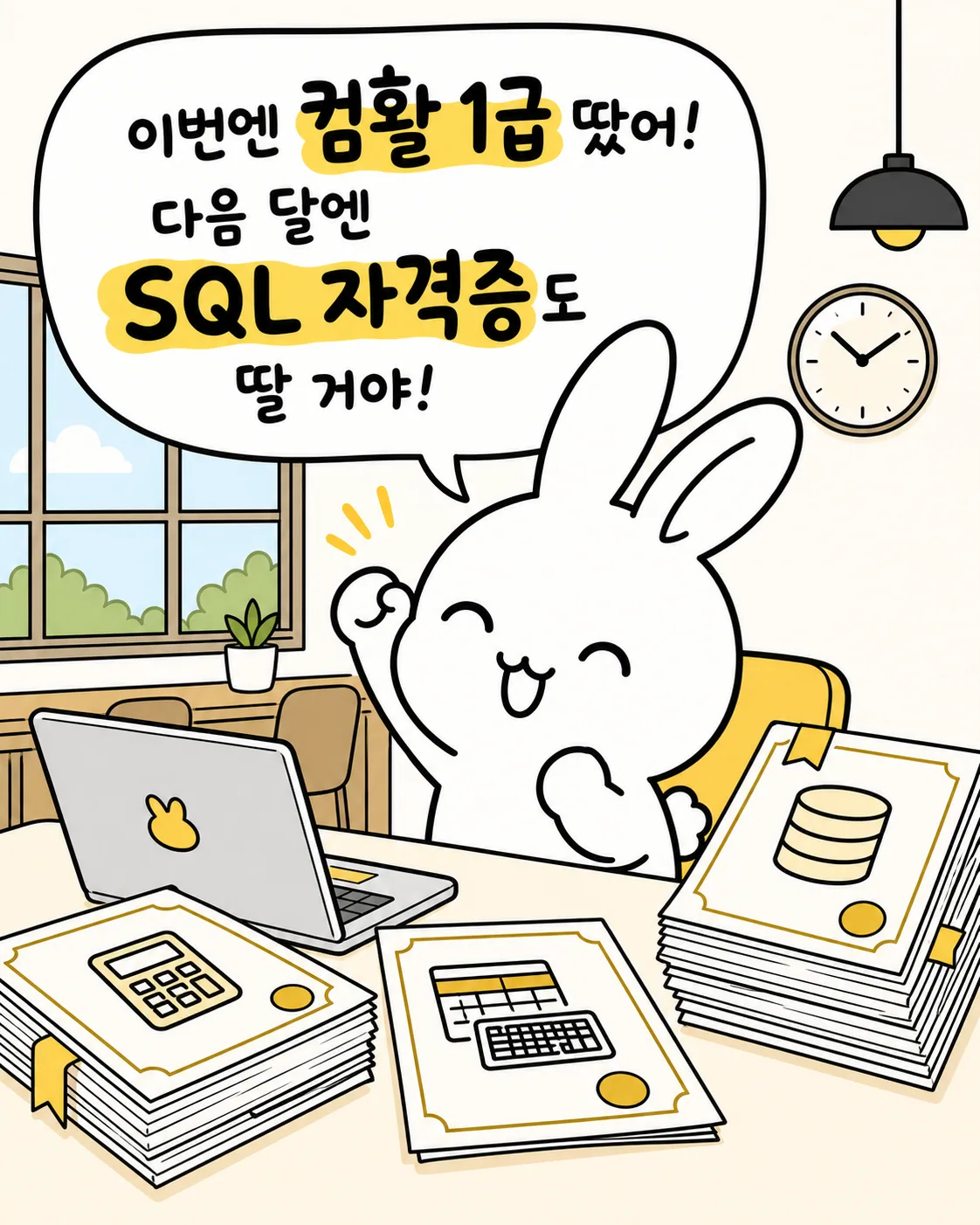안경 쓴 토끼가 노트북 앞에서 주먹을 쥐고 파이팅을 외치며 옆에는 계산기 자격증과 데이터베이스 관련 서적들이 쌓여 있는 모습