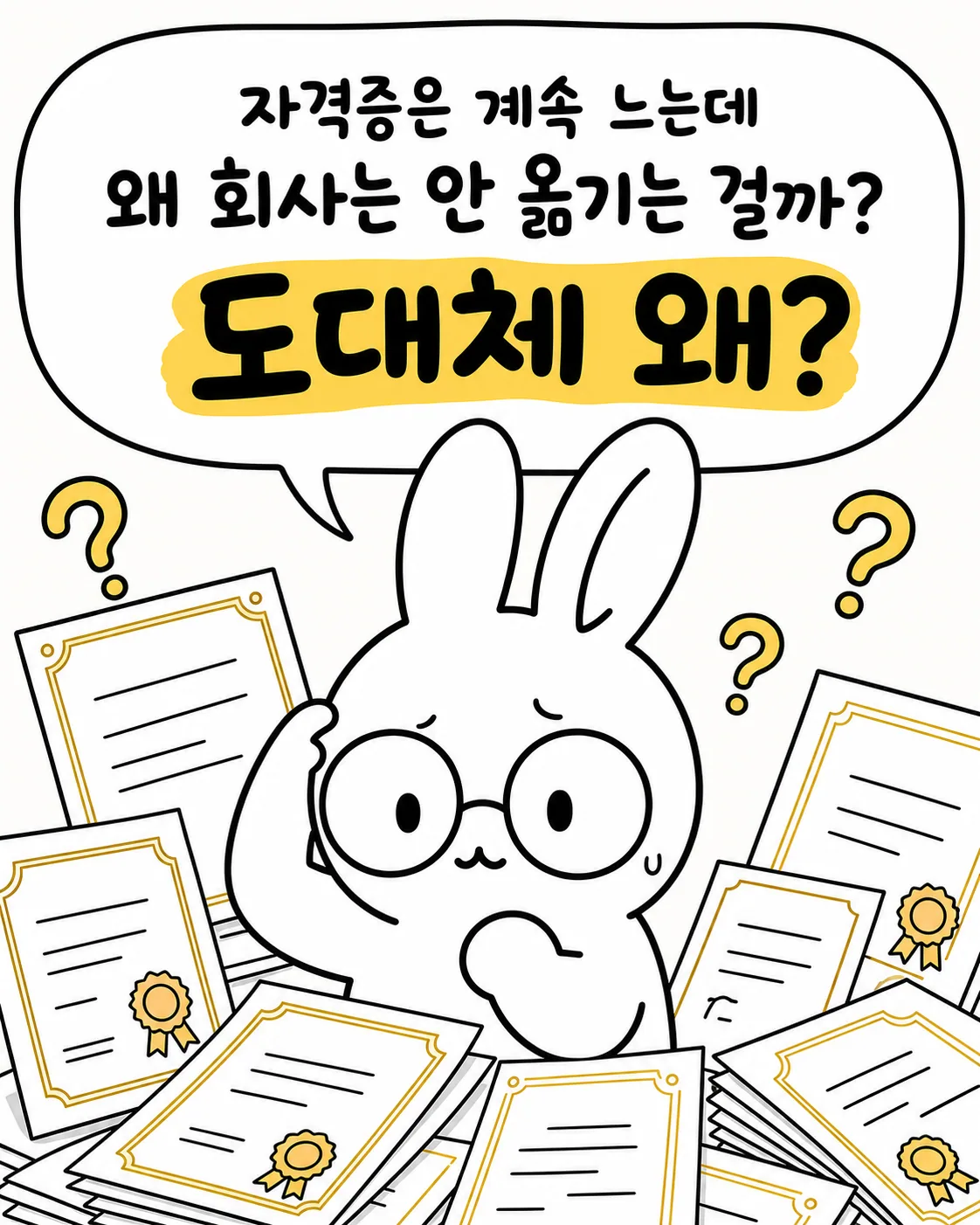 안경 쓴 토끼가 노트북을 보며 편인이라는 글자가 적힌 표를 가리키고 있는 모습
