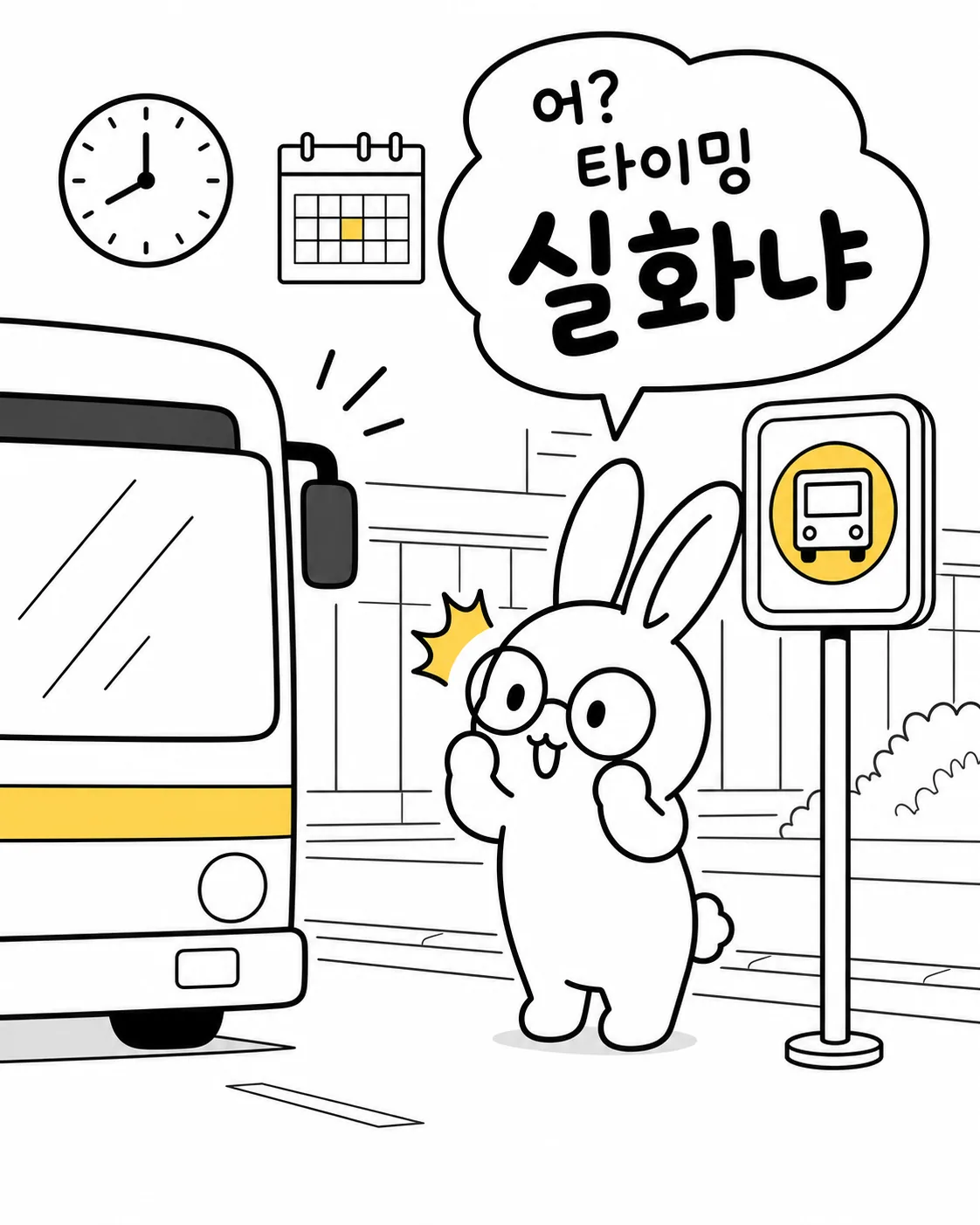 버스 정류장에서 안경 쓴 토끼가 버스를 보고 깜짝 놀라는 모습