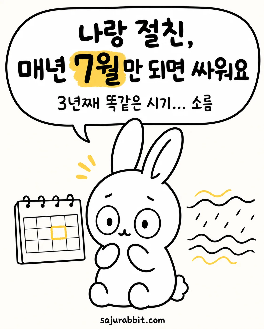 7월이 강조된 달력 앞에서 당황한 표정의 토끼