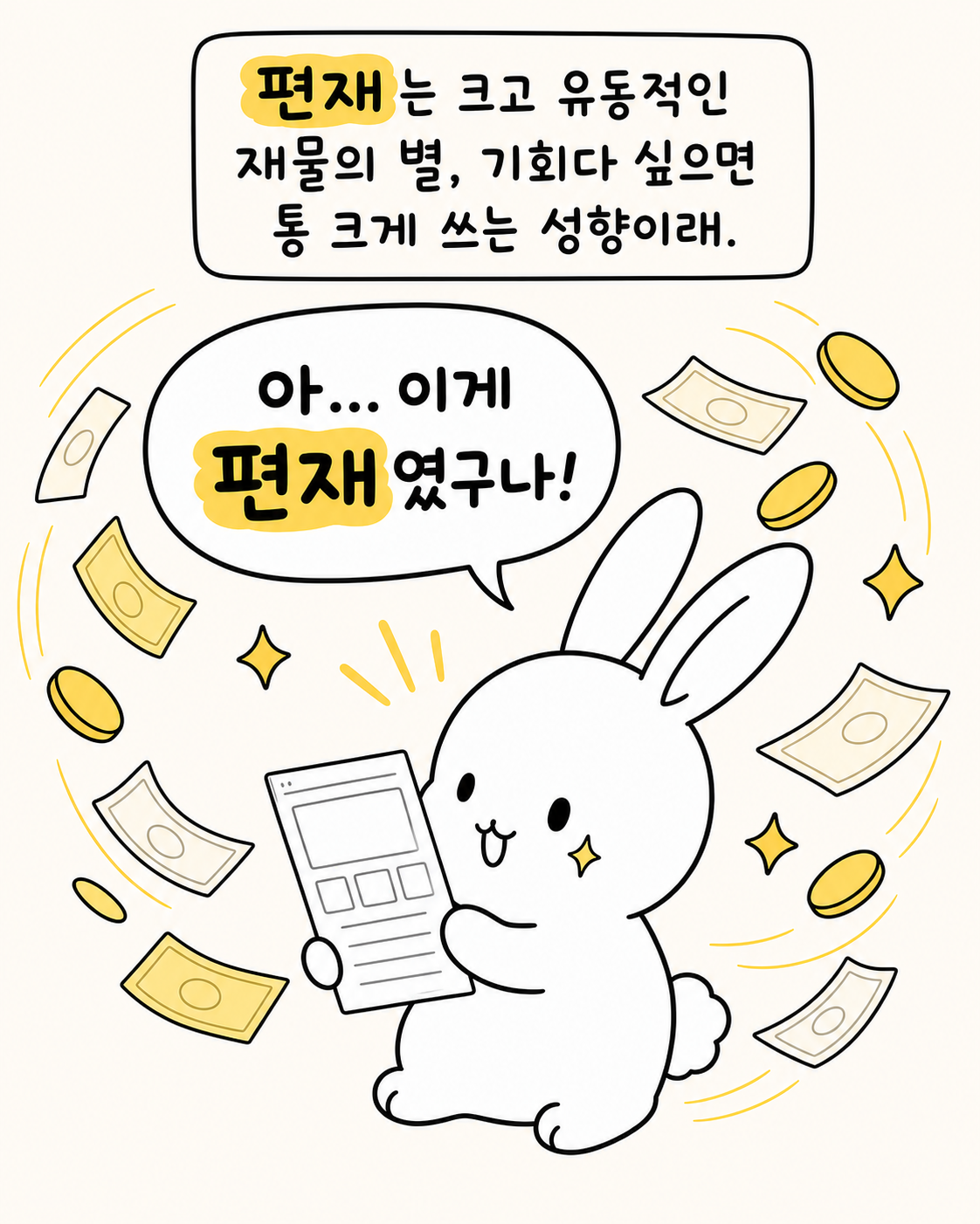 토끼가 스마트폰을 들고 있고 주변에 황금색 동전과 지폐가 휘날리는 모습