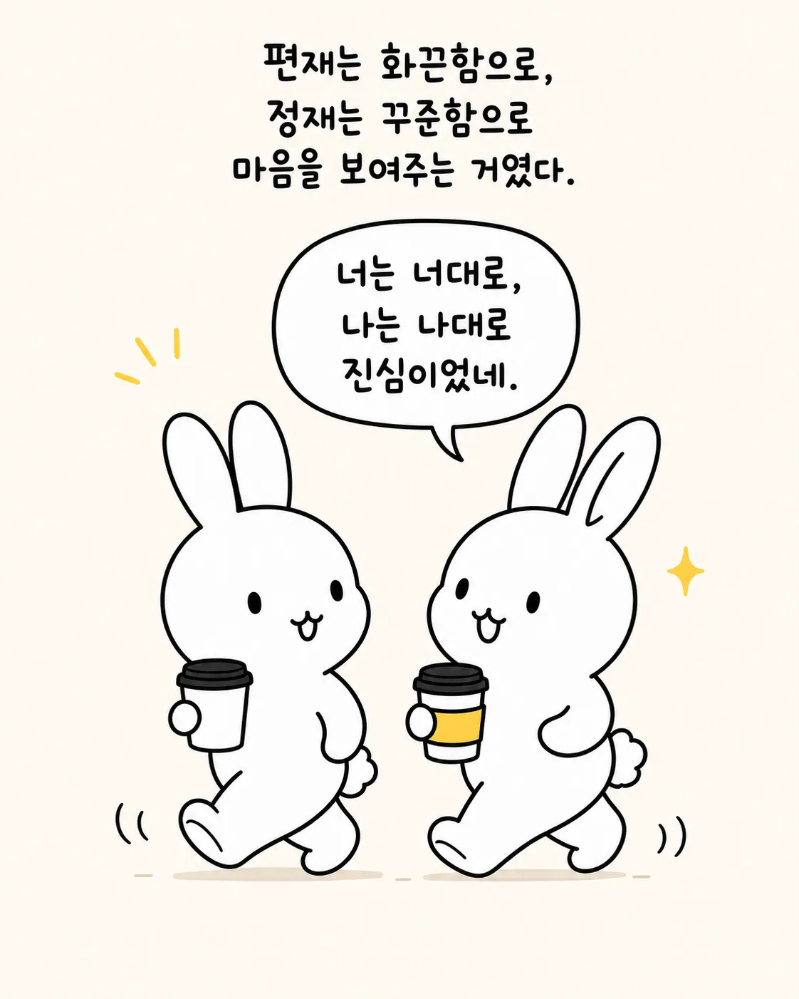두 마리의 토끼가 커피를 한 잔씩 들고 나란히 걸어가는 모습
