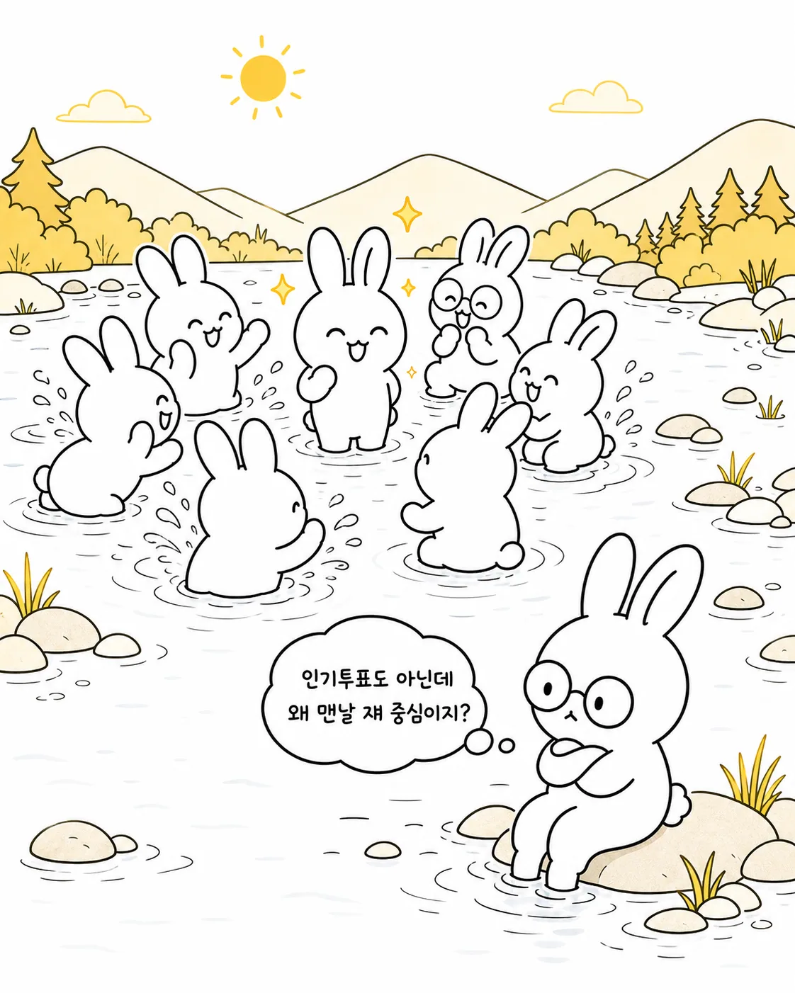 주변 토끼들의 시선을 받지 못해 쭈뼛거리는 안경 쓴 토끼가 '이거 재밌지 않아?'라며 말하는 모습