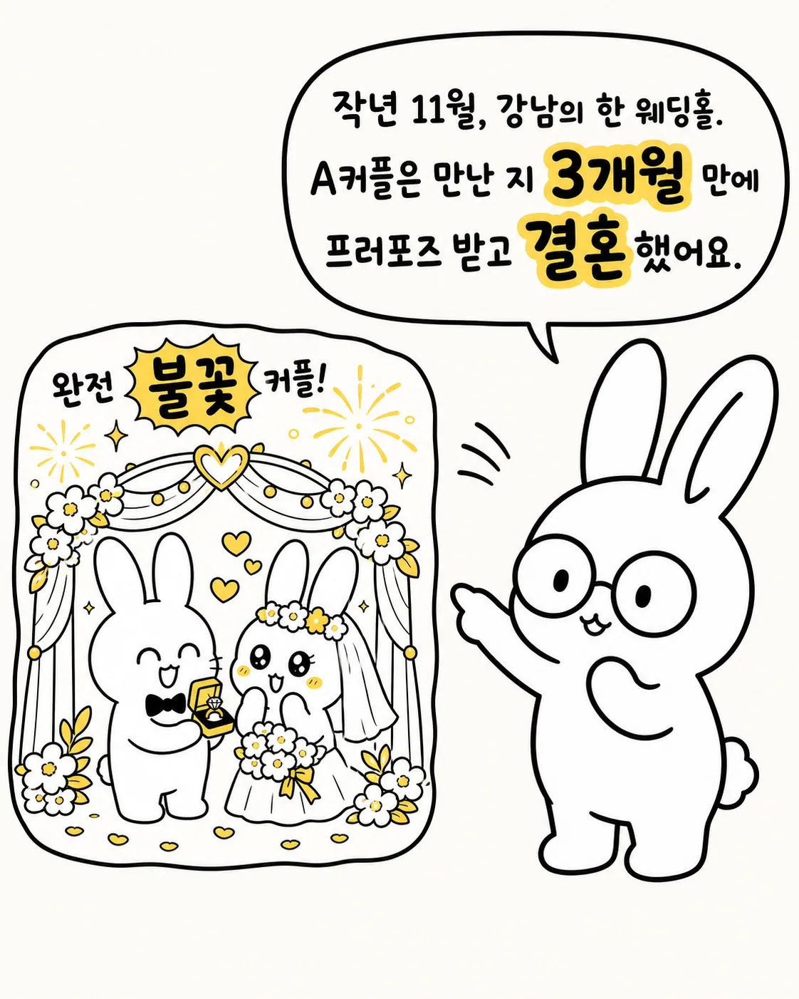 웨딩홀에서 프러포즈를 받는 커플을 가리키며 설명하는 토끼