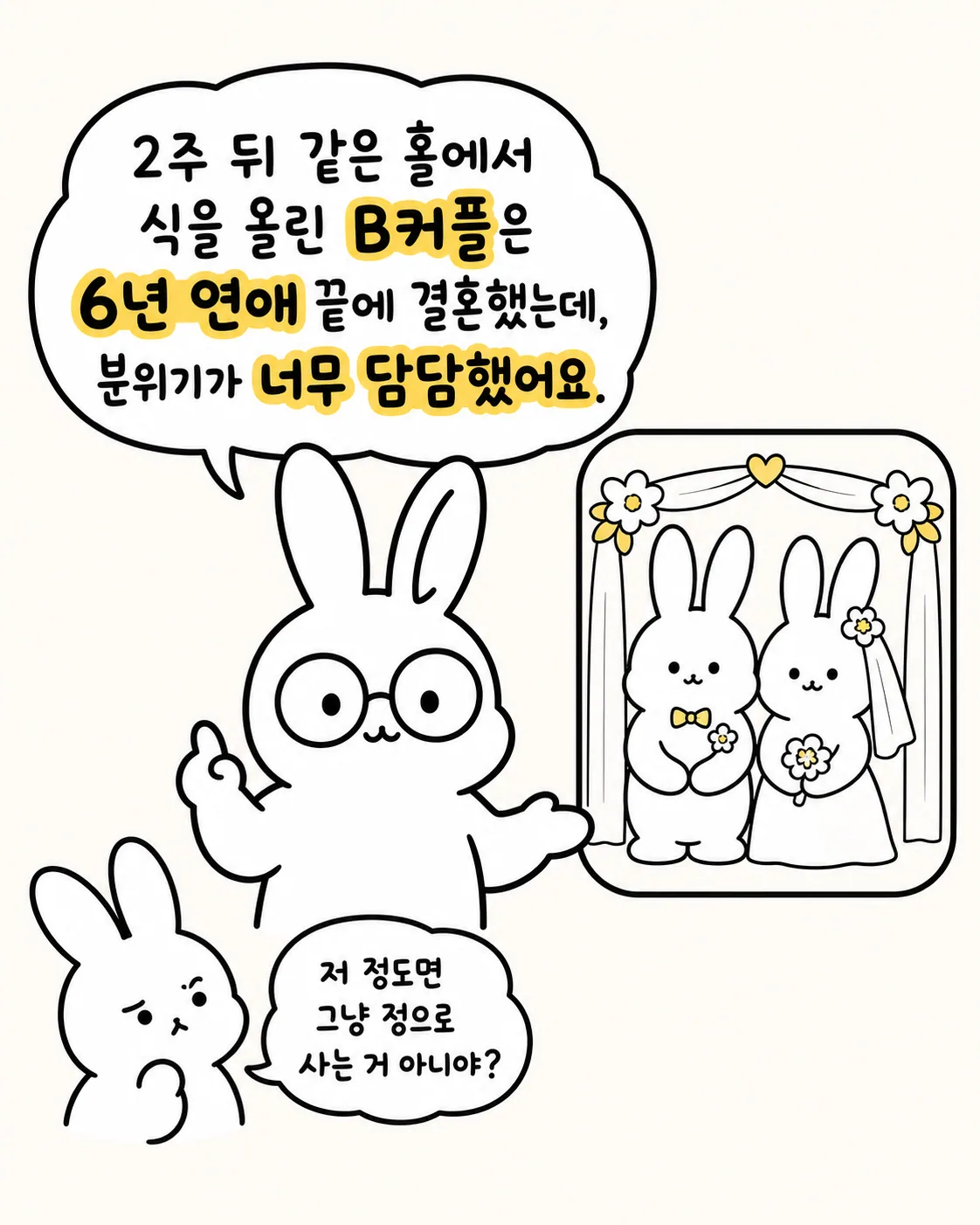 6년 연애 후 결혼한 커플의 웨딩 사진을 가리키는 토끼와 고민하는 토끼