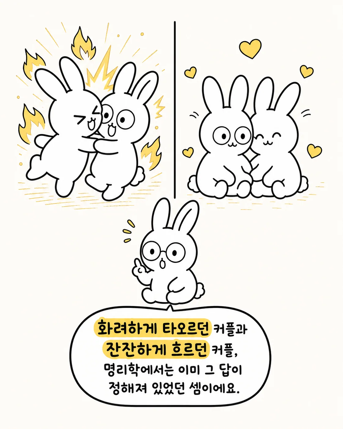 화려한 커플과 잔잔한 커플의 모습을 비교하며 설명하는 토끼