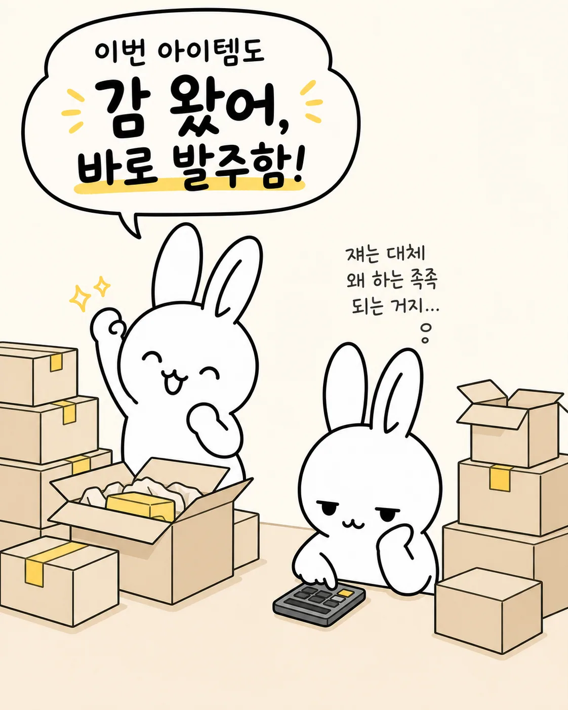 발주한 상자가 가득 쌓인 곳에서 기뻐하는 토끼와 계산기를 두드리는 토끼