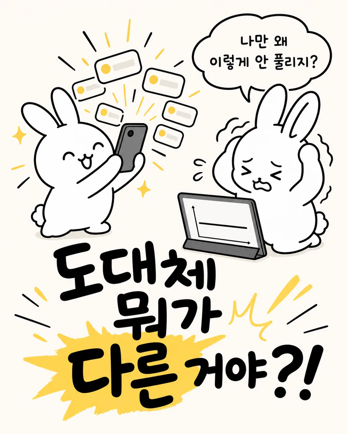 알림이 쏟아지는 휴대폰을 든 토끼와 고민에 빠진 토끼의 대비