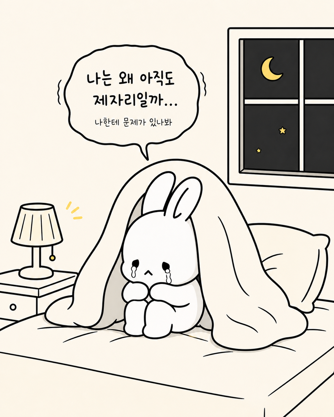 이불을 뒤집어쓰고 침대 위에서 눈물을 흘리며 울고 있는 토끼