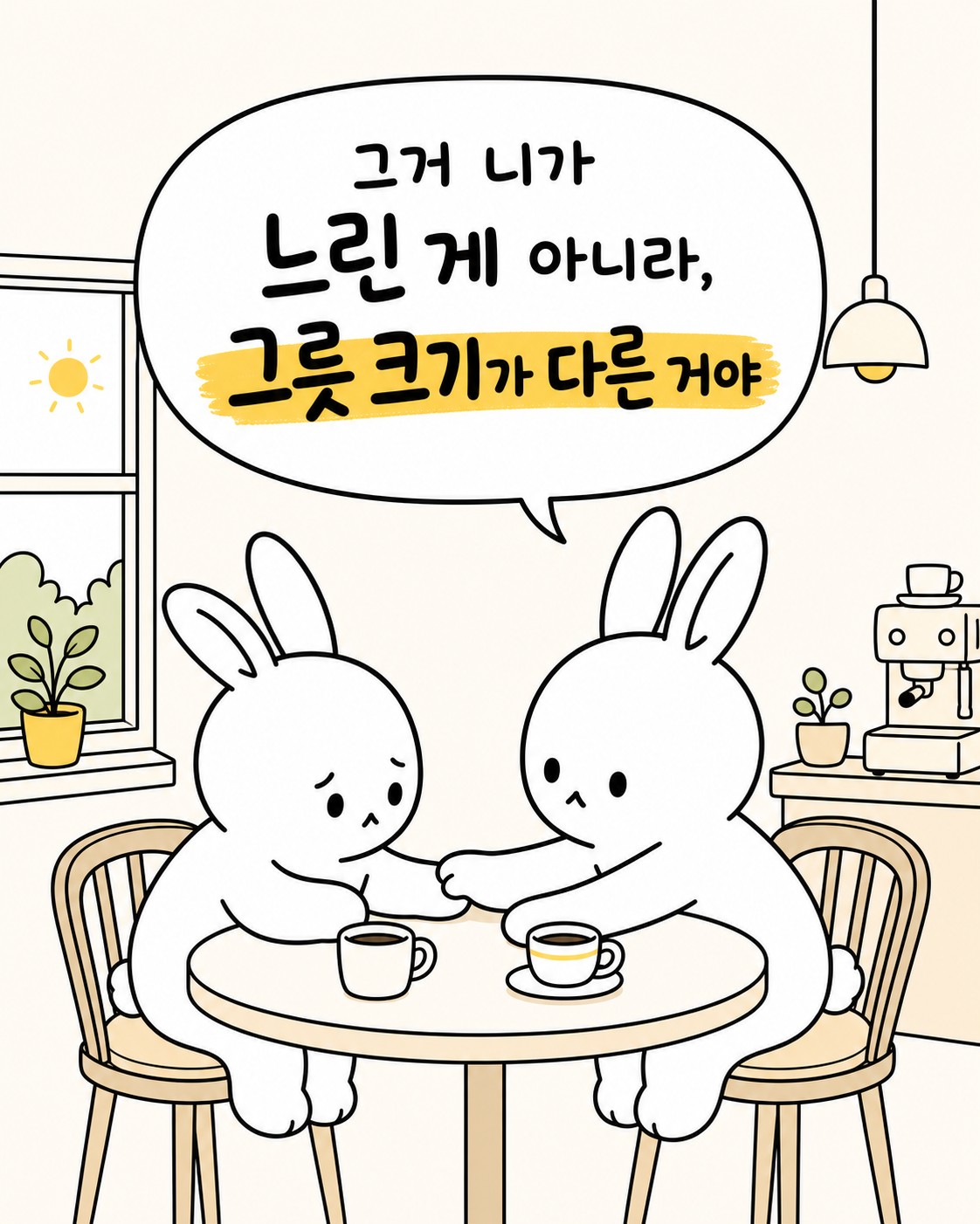 카페 테이블에 앉아 손을 맞잡고 위로하는 두 마리의 토끼