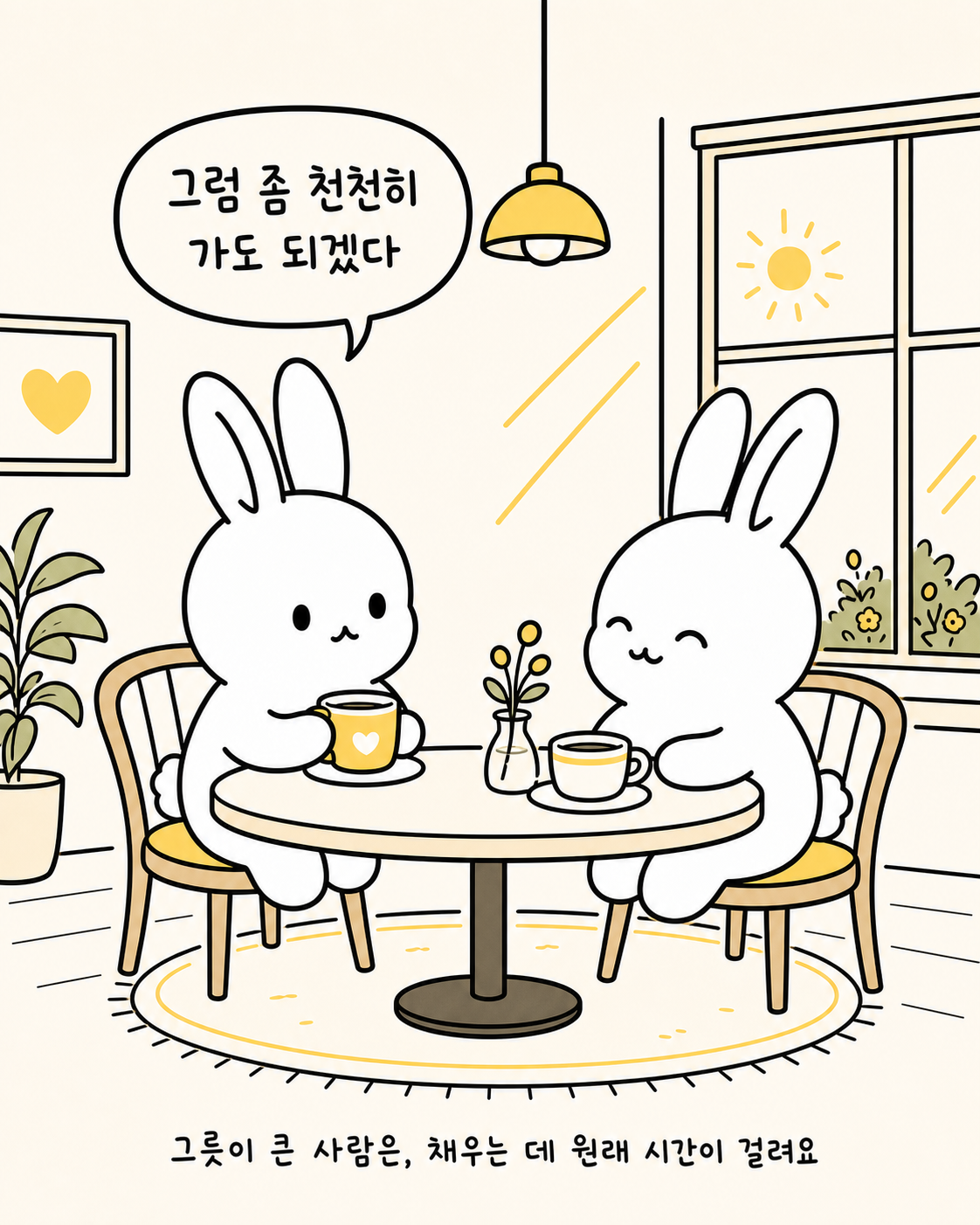 카페에서 따뜻한 차를 마시며 여유롭게 웃고 있는 두 마리의 토끼