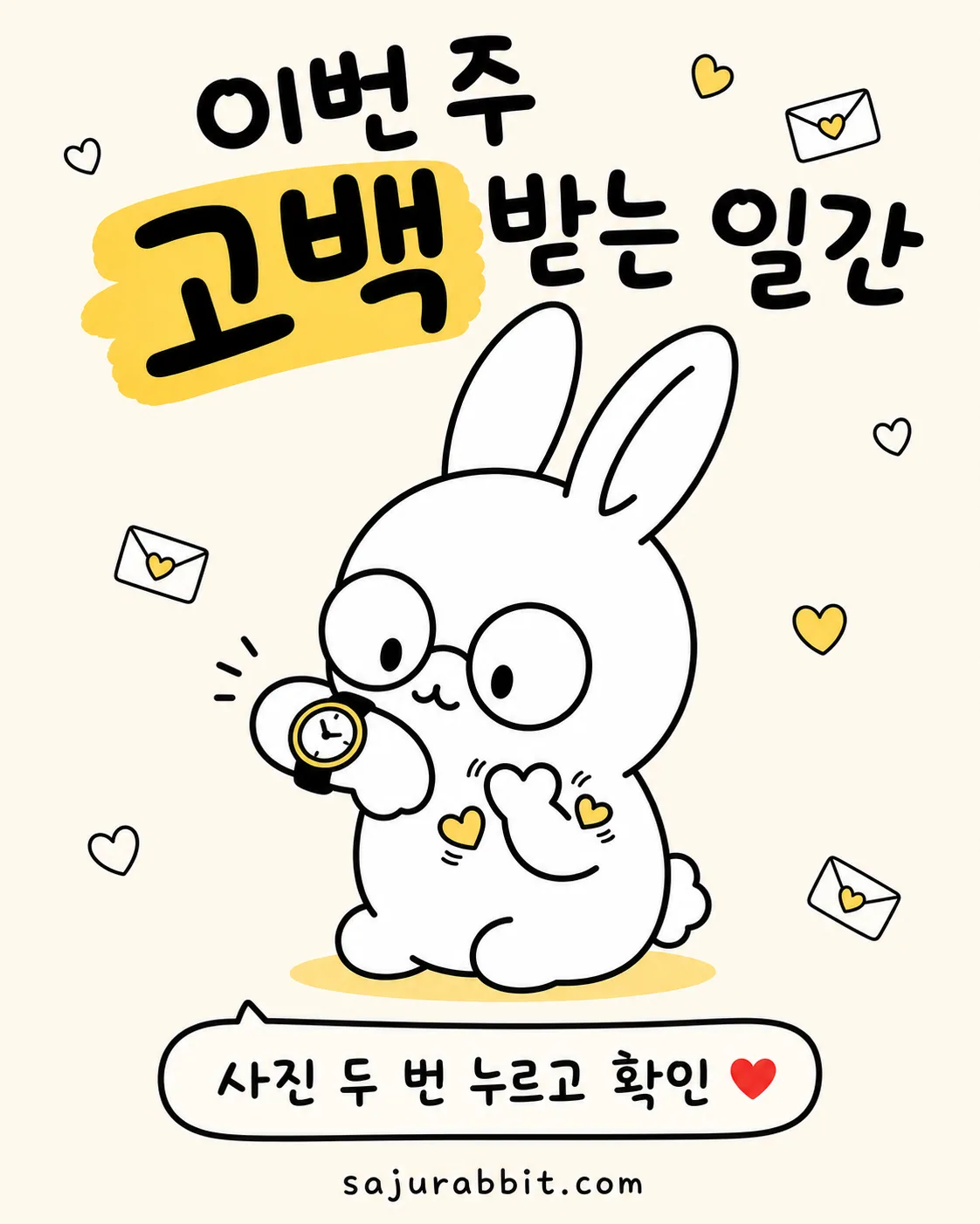 안경을 쓴 토끼가 손목시계를 보며 사랑의 메시지를 기다리는 모습