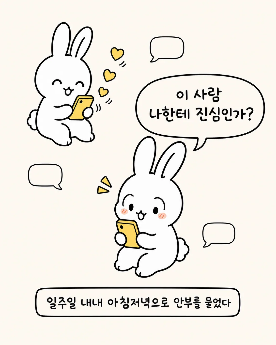 휴대폰을 보며 안부를 묻는 토끼와 일주일 내내 연락하는 장면