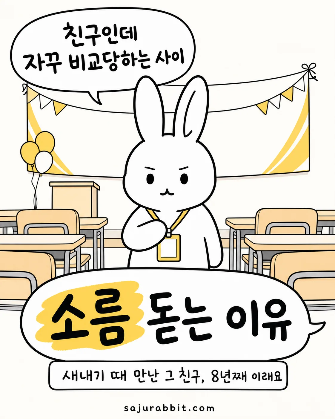 교실 배경에서 고민하는 토끼 캐릭터가 말풍선으로 친구와 자꾸 비교하게 된다고 생각하는 장면