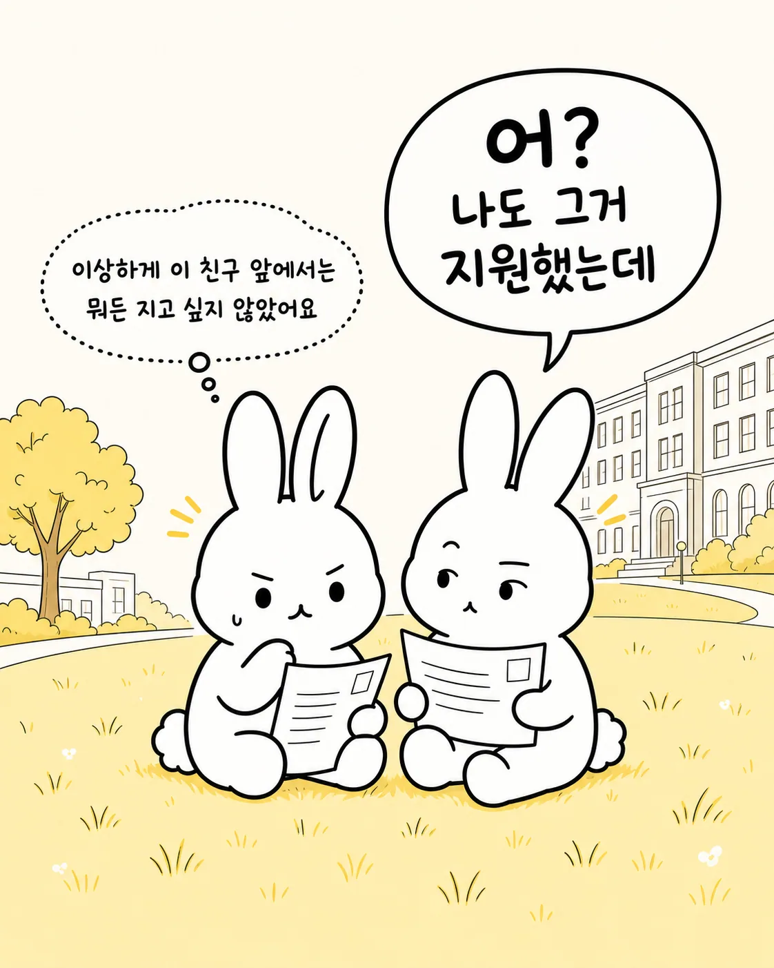 잔디밭에서 문서를 들고 서로를 의식하며 경쟁심을 느끼는 두 토끼