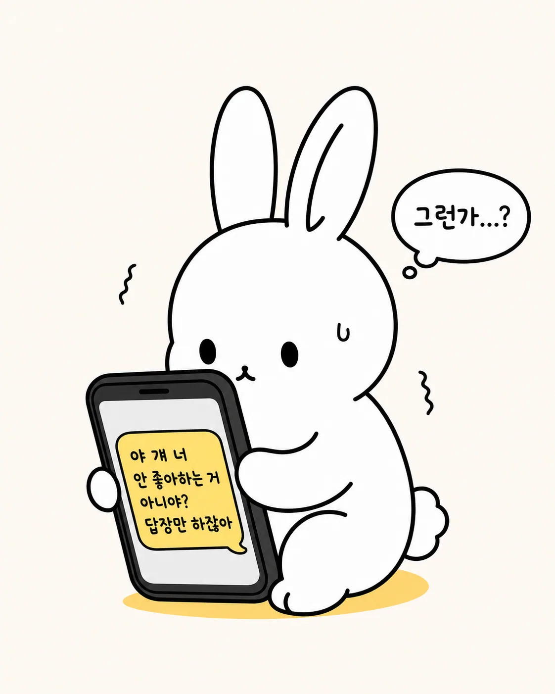 침대 위에 앉아 휴대폰을 보며 나만 진심인가 생각하는 토끼 캐릭터