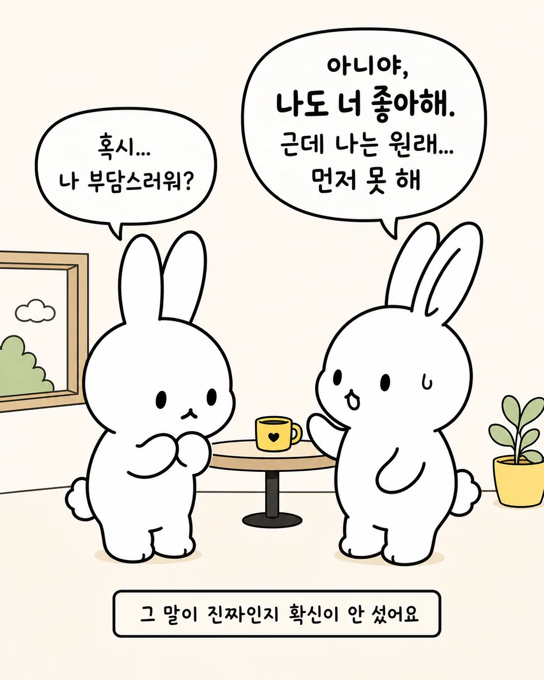 양과 음을 상징하는 태극 문양을 보며 생각에 잠긴 토끼 캐릭터