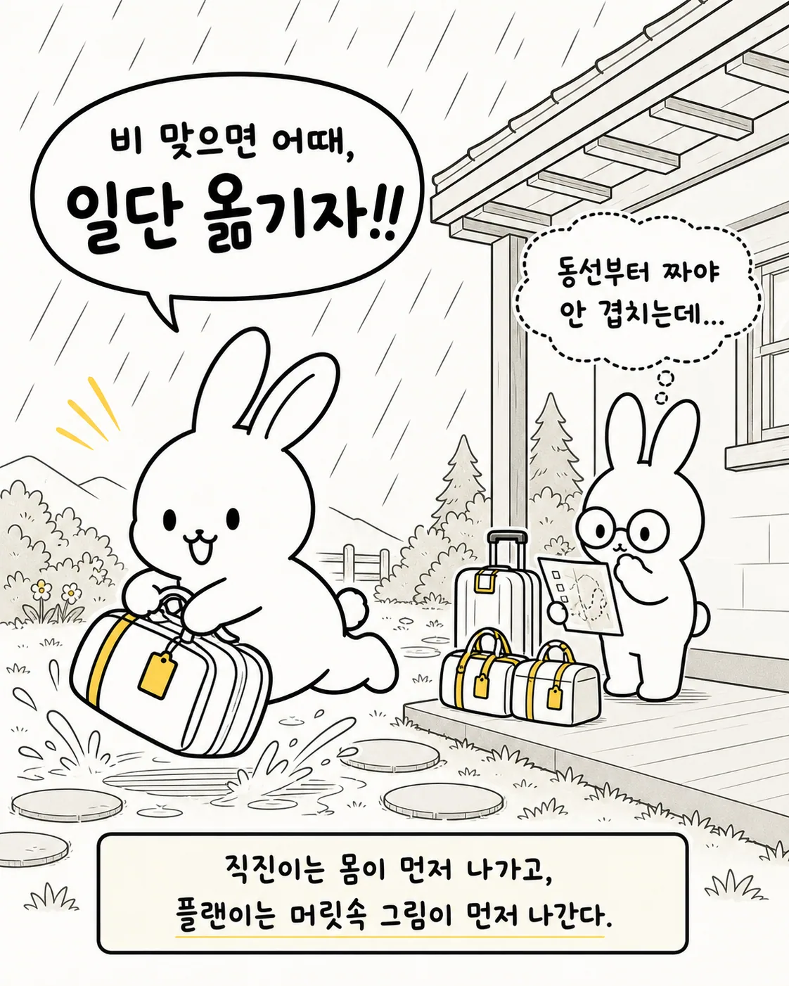 비 내리는 마당에서 여행 가방을 끌고 나서는 토끼
