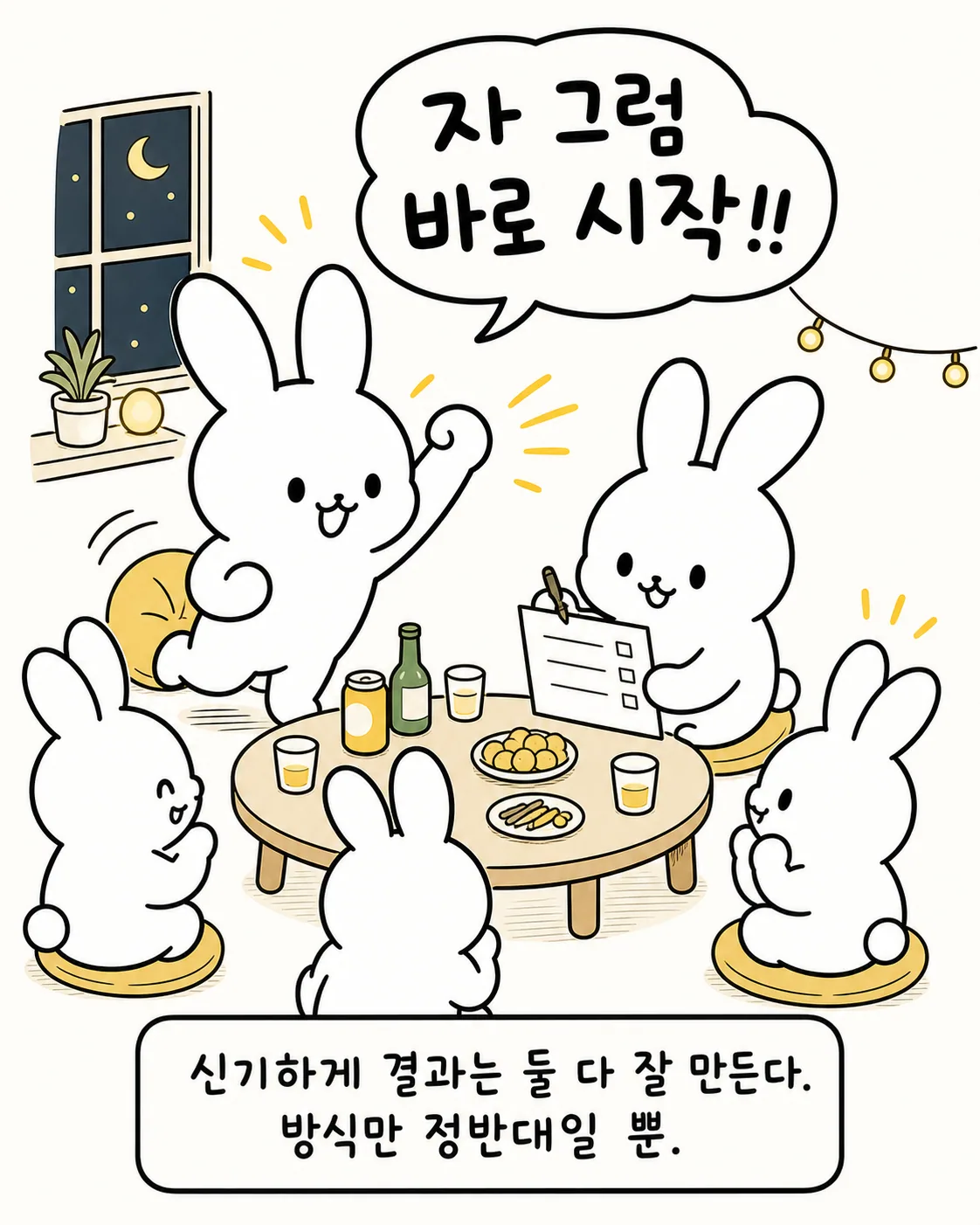 여러 토끼가 둥근 식탁에 모여 계획을 세우고 대화하는 장면