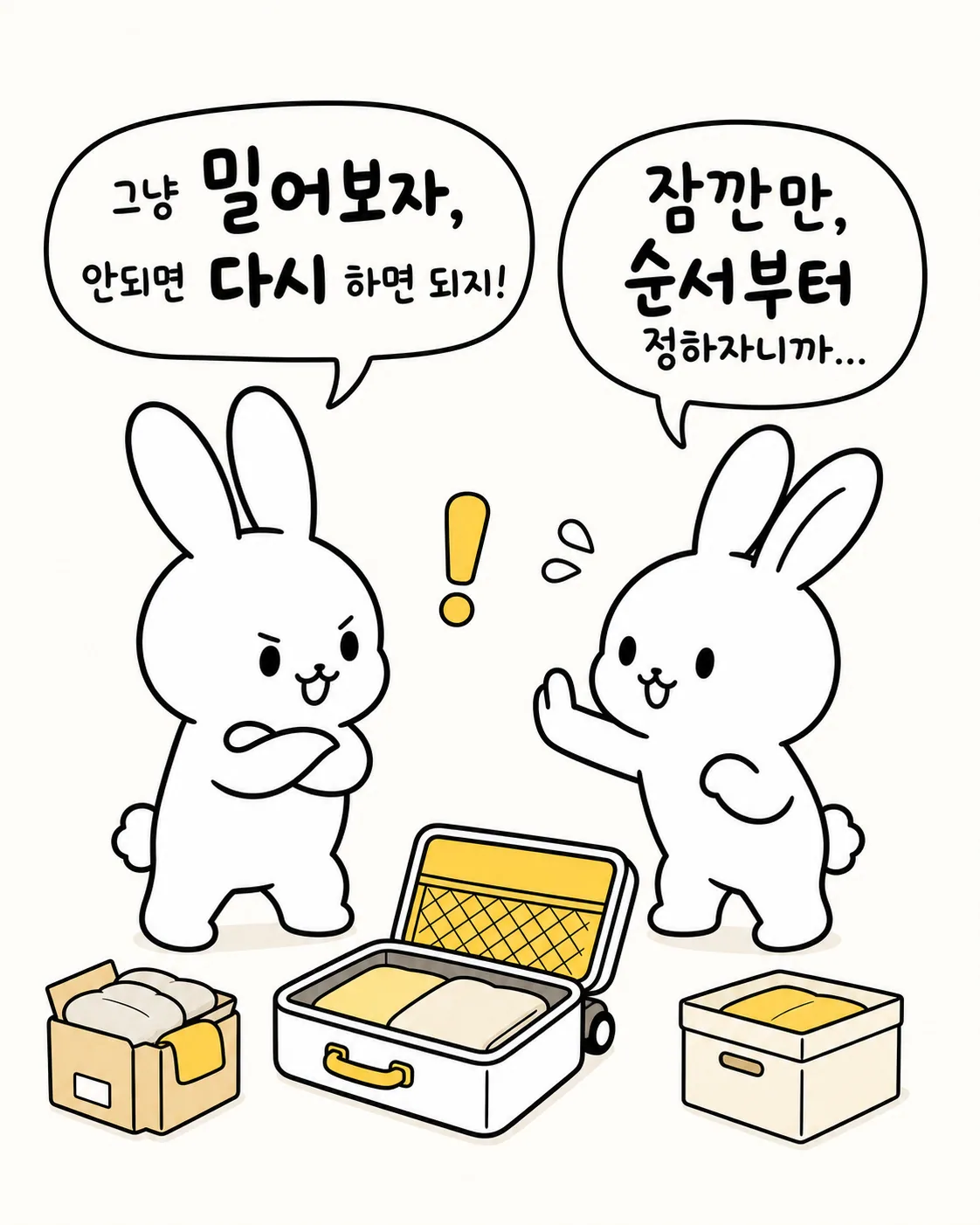 두 토끼가 여행 짐을 상자와 열린 가방에 나누어 정리하는 모습