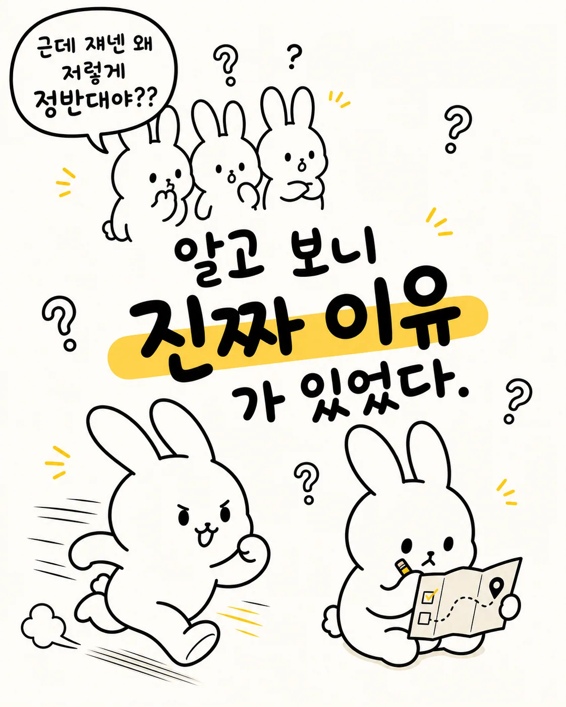 한 토끼는 팔짱을 끼고 다른 토끼는 지도를 들고 의견을 나누는 장면
