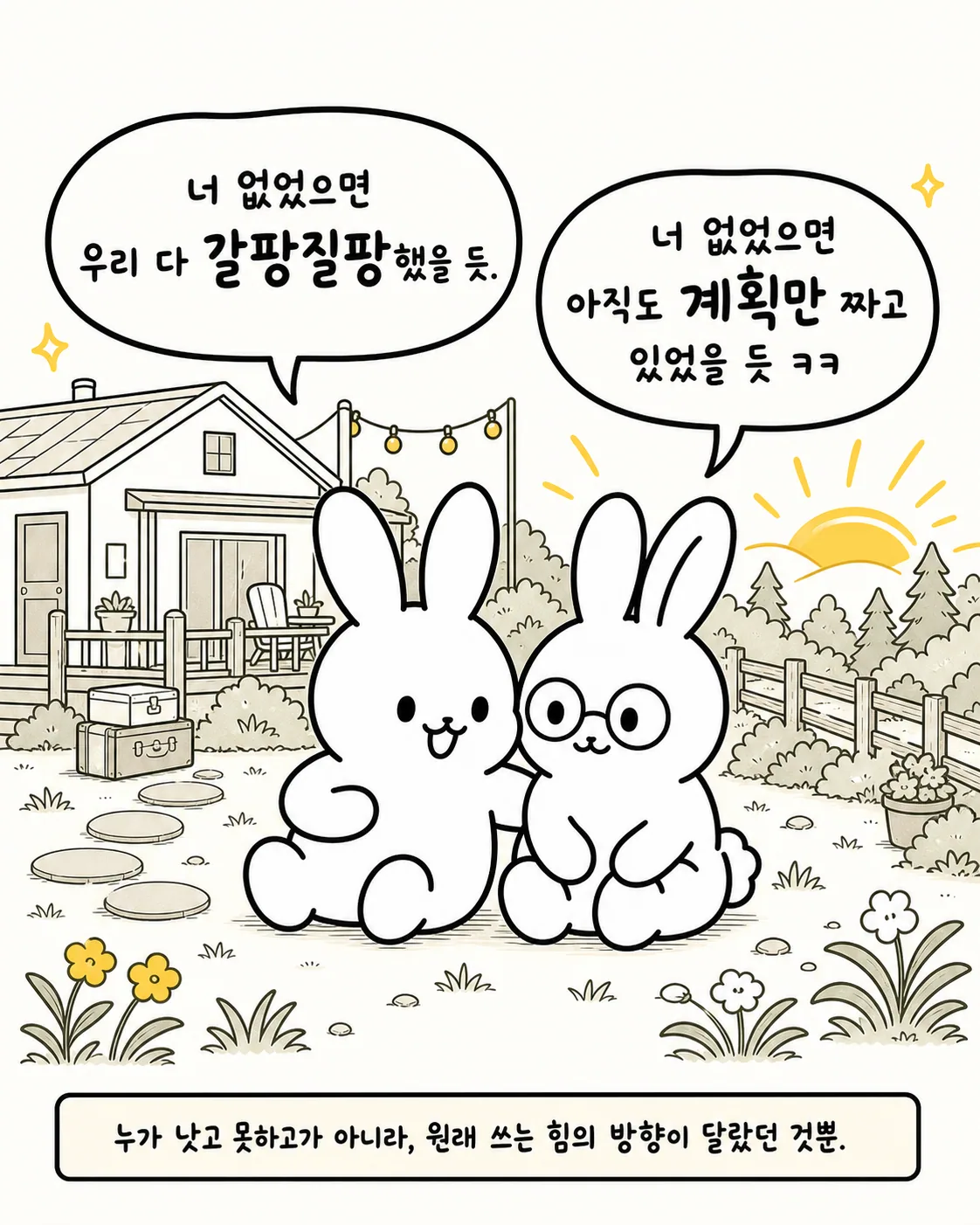 여행을 마친 두 토끼가 집 앞 정원에서 나란히 쉬는 따뜻한 장면