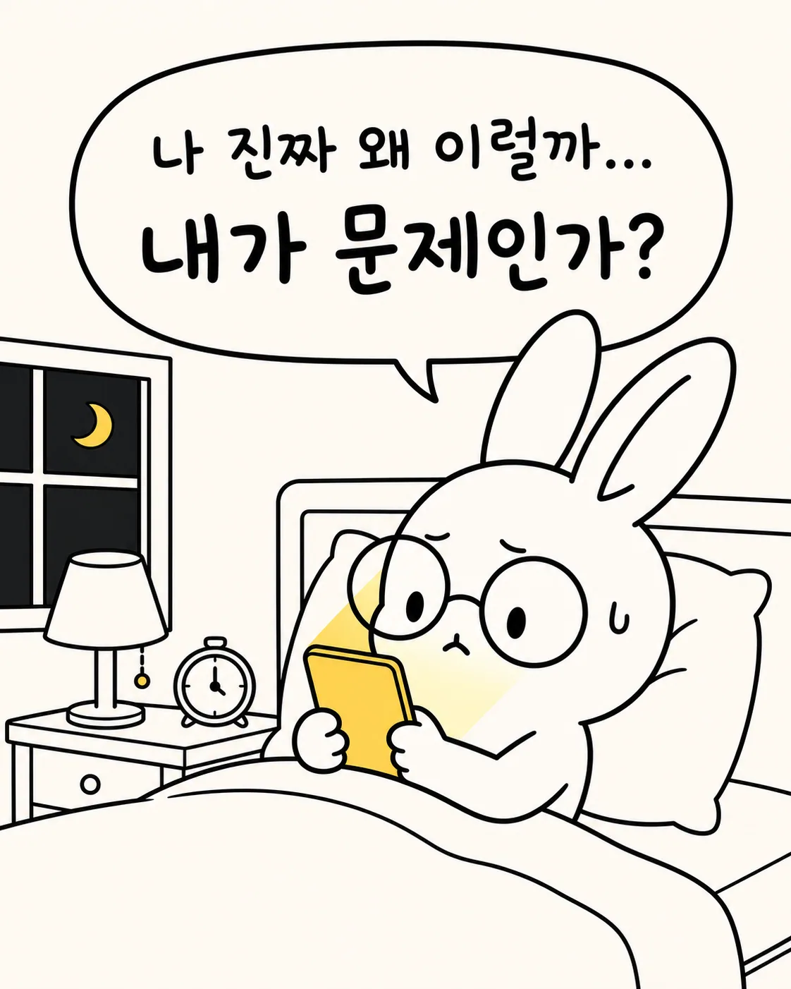 밤에 침대에 누워 휴대폰을 보며 우울해하는 토끼