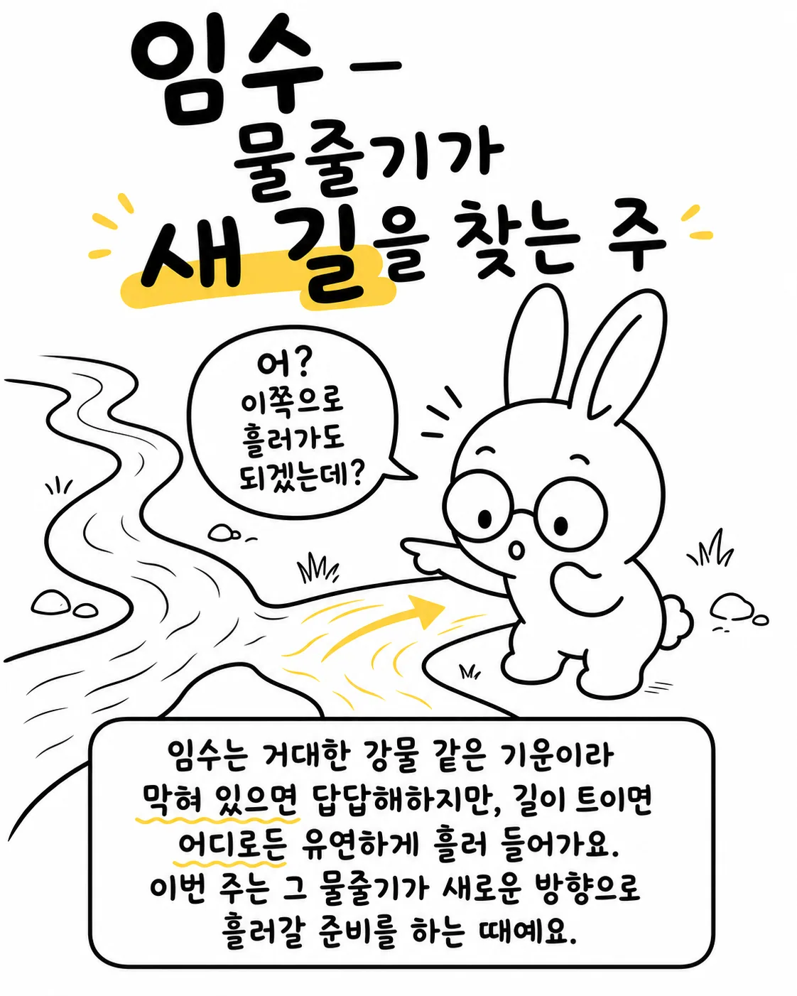 강물이 갈라지는 지점에서 새로운 방향을 손으로 가리키는 토끼