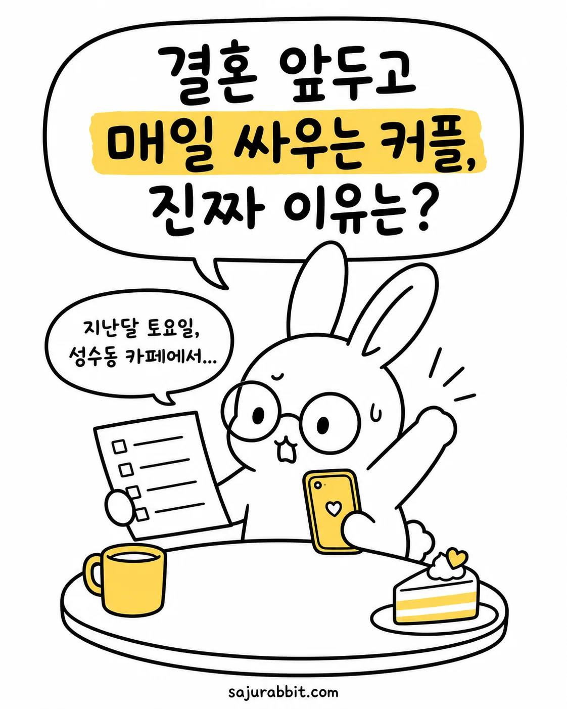 안경 쓴 토끼가 카페 테이블에서 체크리스트를 들고 고민하는 모습