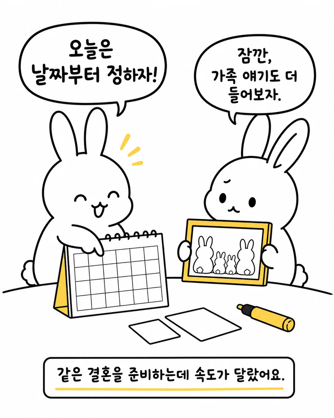 휴대폰으로 궁합 결과를 확인하며 당황해하는 두 토끼