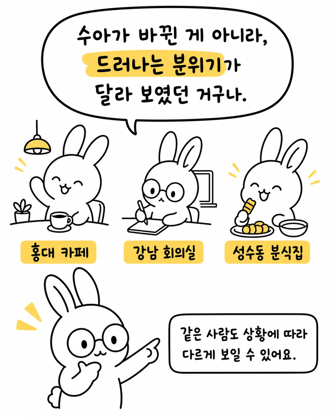 홍대 카페, 강남 회의실, 성수동 분식집에서 각기 다른 모습으로 있는 토끼들의 모습