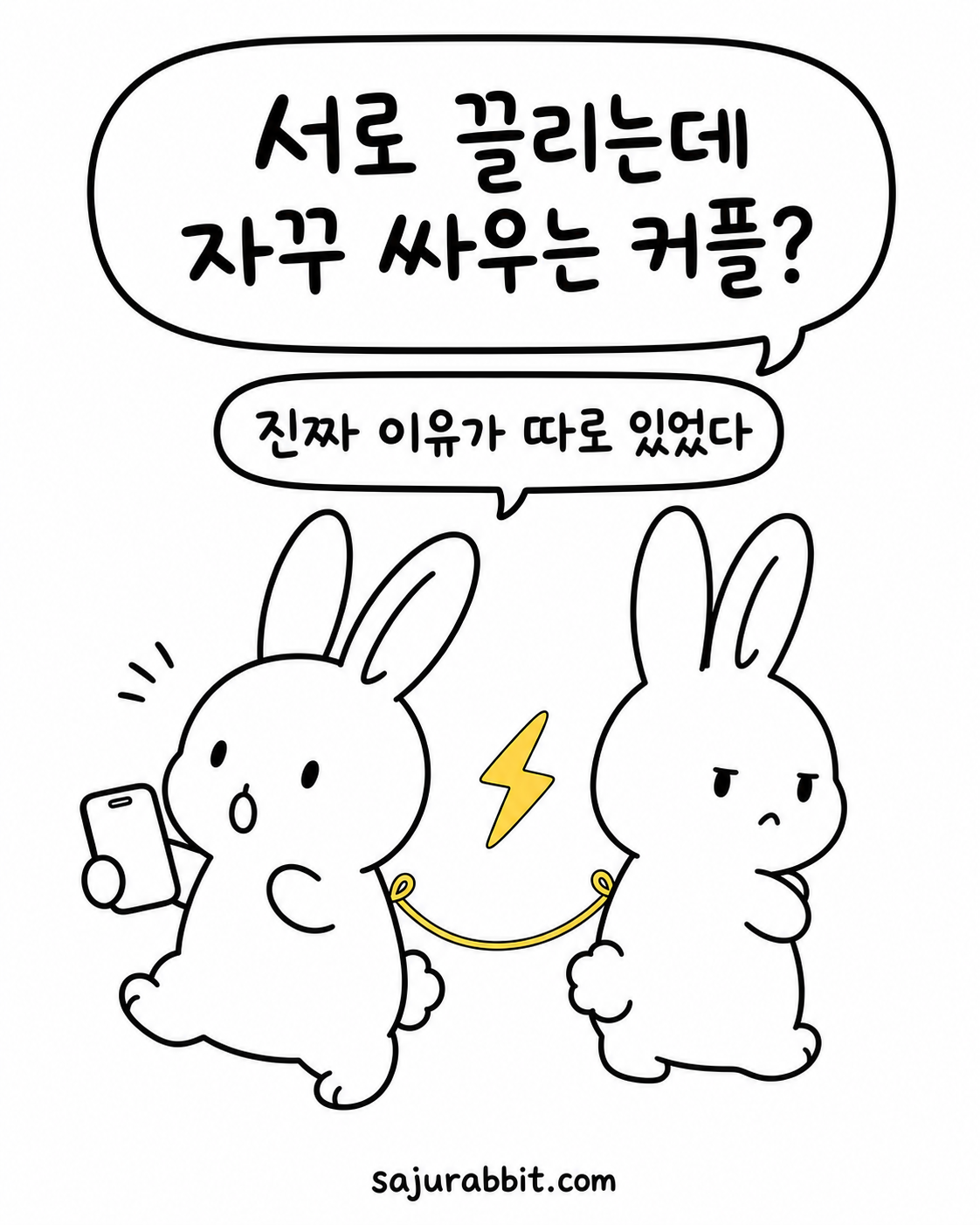 스마트폰을 보는 토끼와 화난 표정의 토끼가 줄로 연결되어 번개 표시가 떠 있는 모습