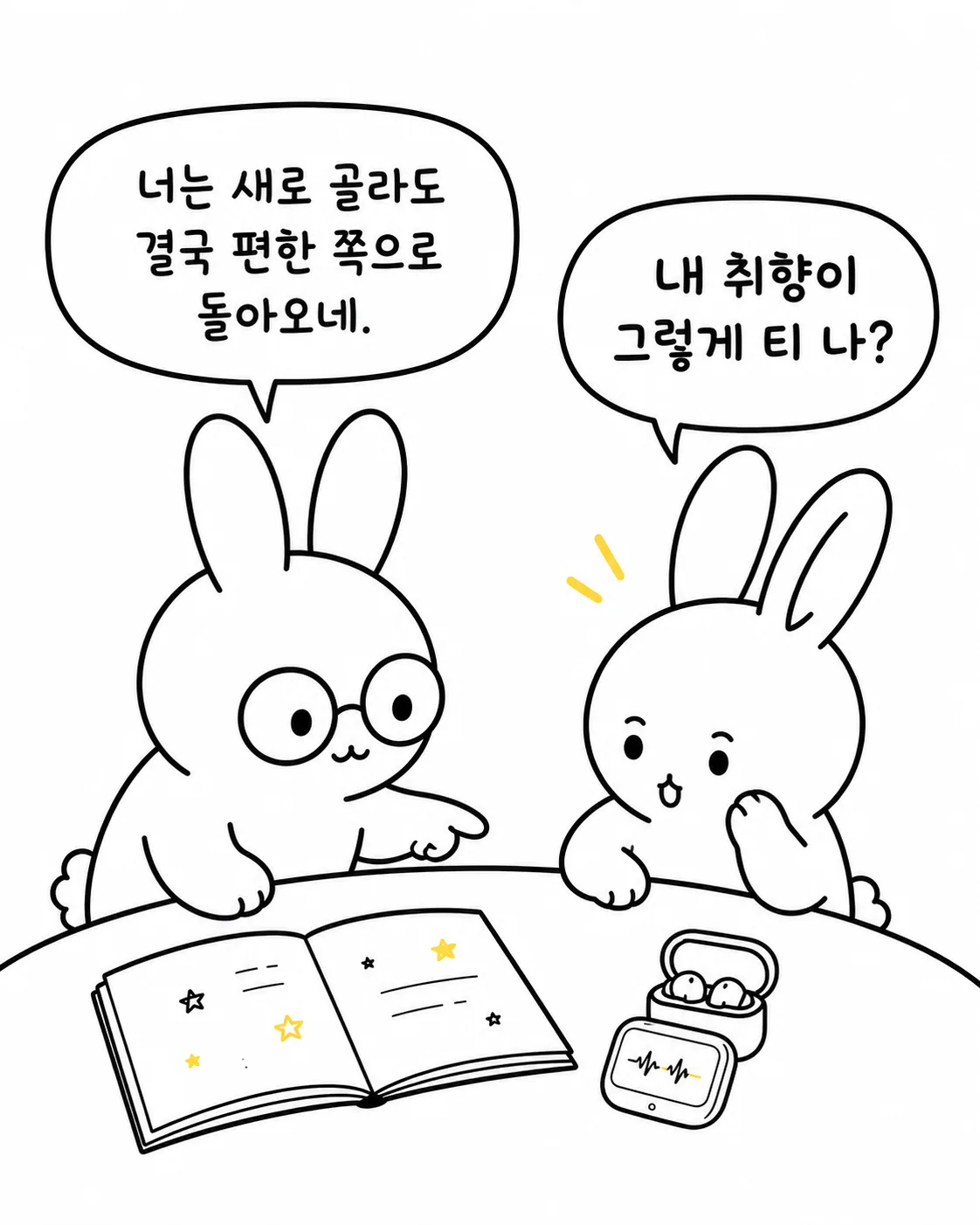 토끼가 다른 토끼에게 취향이 티 난다고 말하고 무선 이어폰과 노트가 놓여 있는 모습