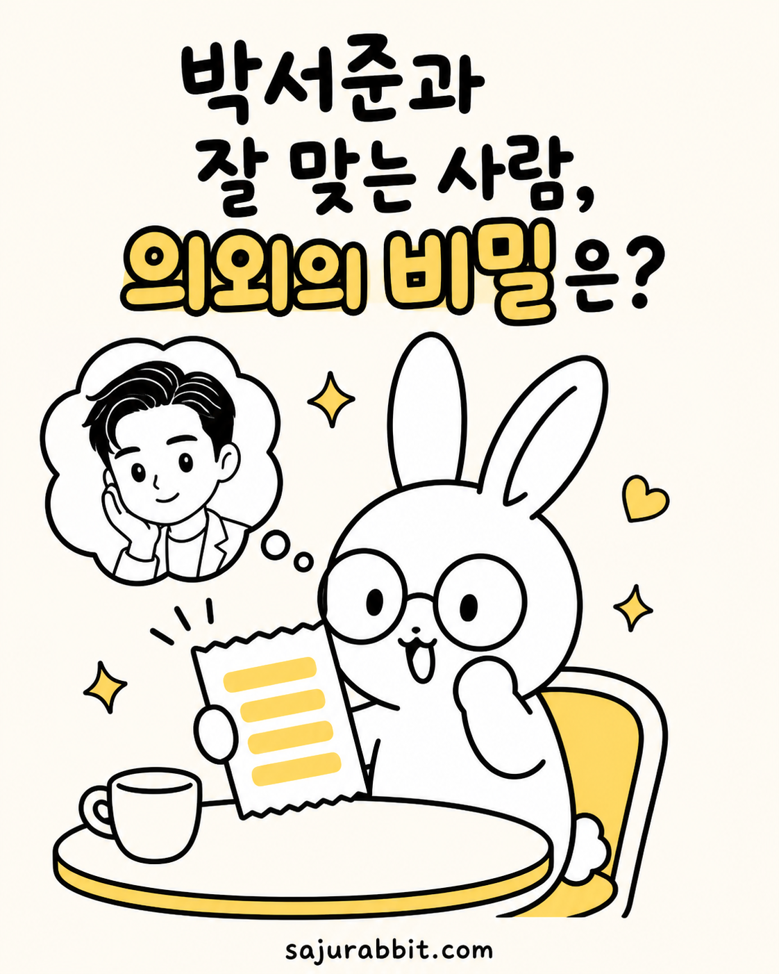 안경 쓴 토끼가 박서준의 모습을 떠올리며 질문이 적힌 종이를 들고 있는 그림
