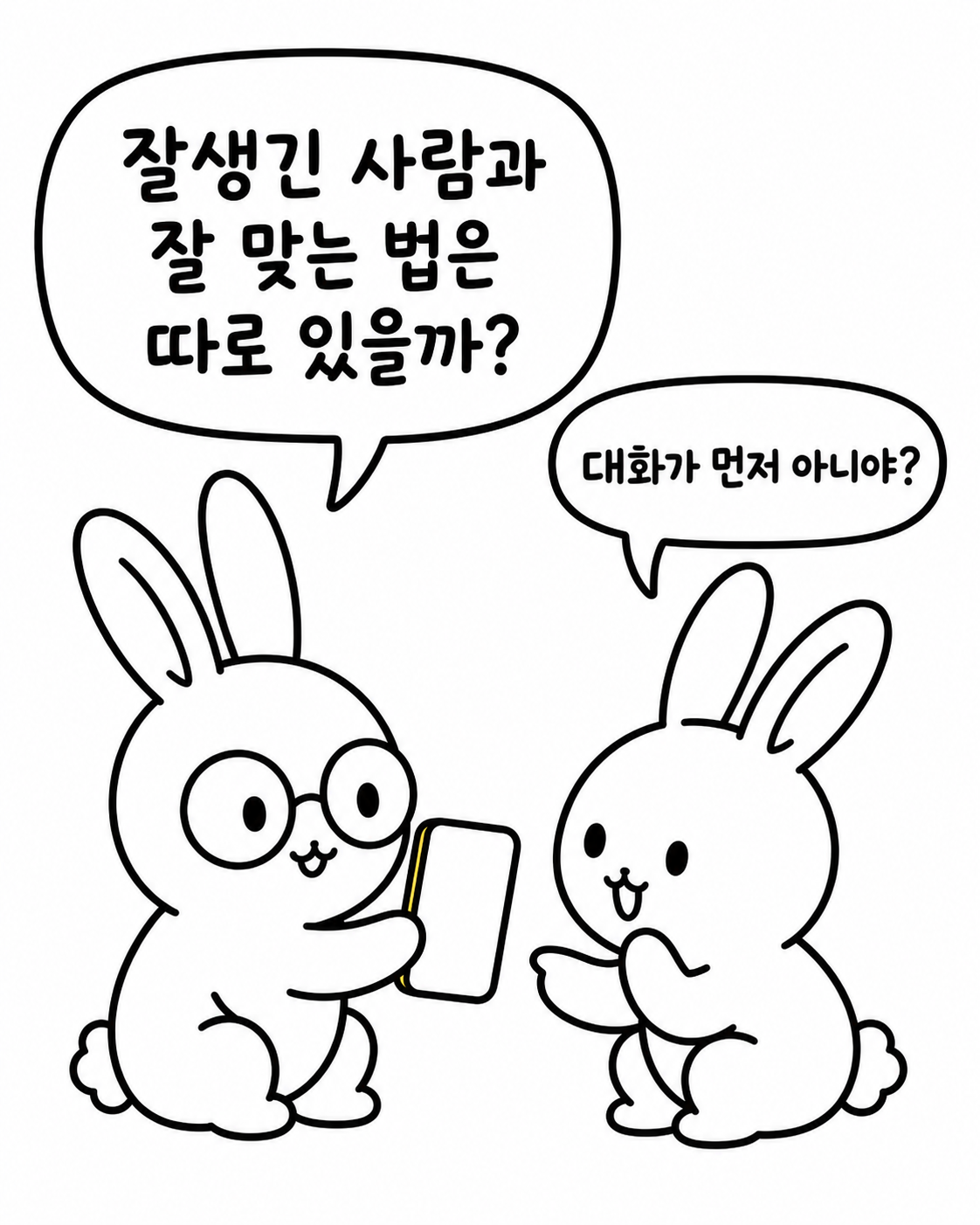 두 마리의 토끼가 스마트폰을 보며 대화가 먼저인지 궁합이 먼저인지 토론하는 모습
