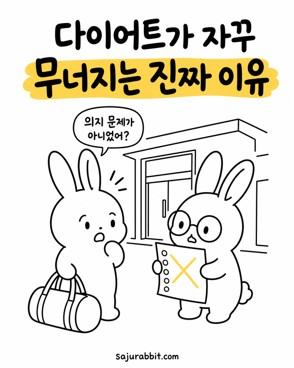 운동 가방을 든 토끼가 의아한 표정으로 체크리스트를 든 토끼에게 의지 문제가 아니었냐고 묻는 장면
