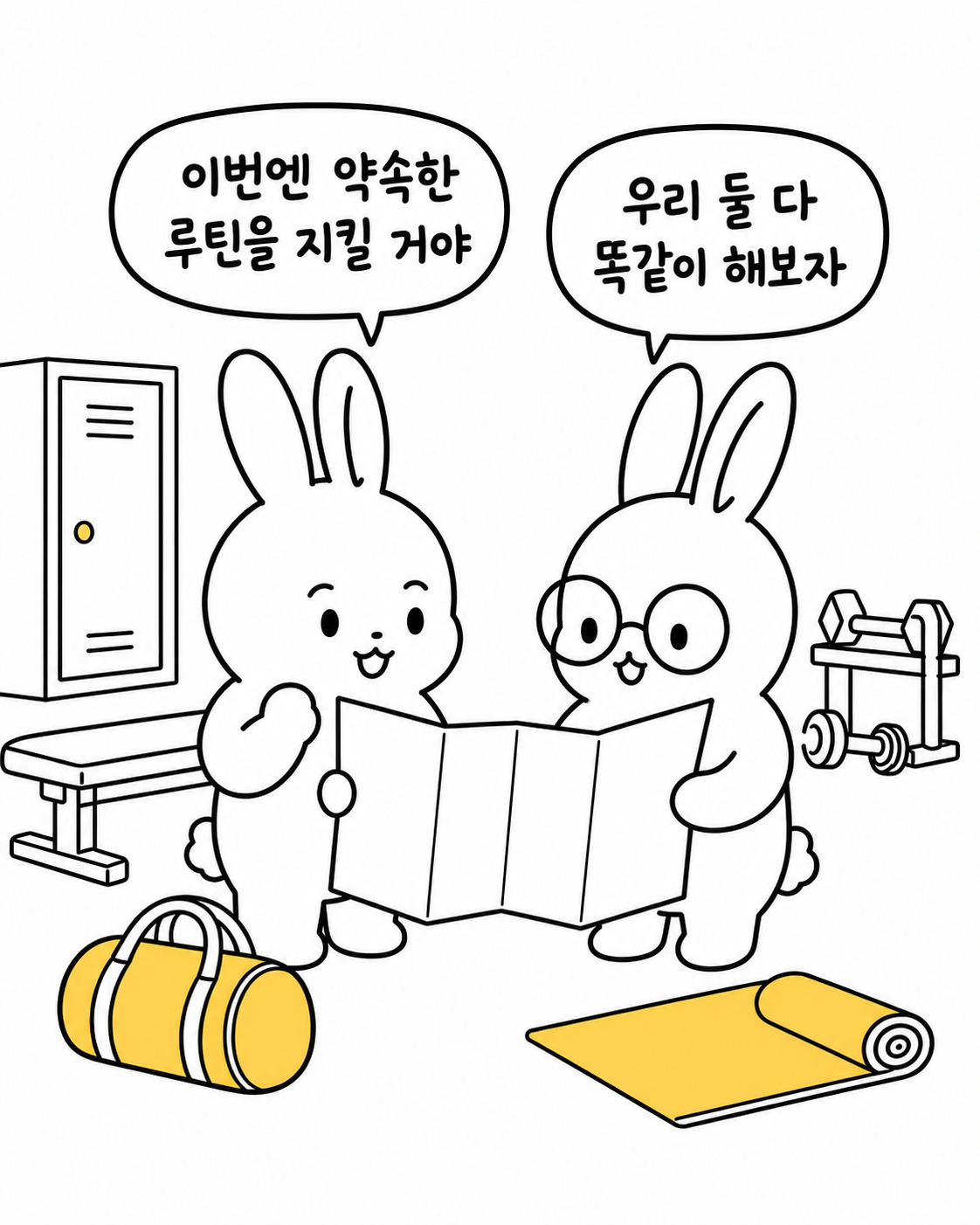 두 마리 토끼가 헬스장에서 운동 루틴이 적힌 종이를 함께 보며 의지를 다지는 모습