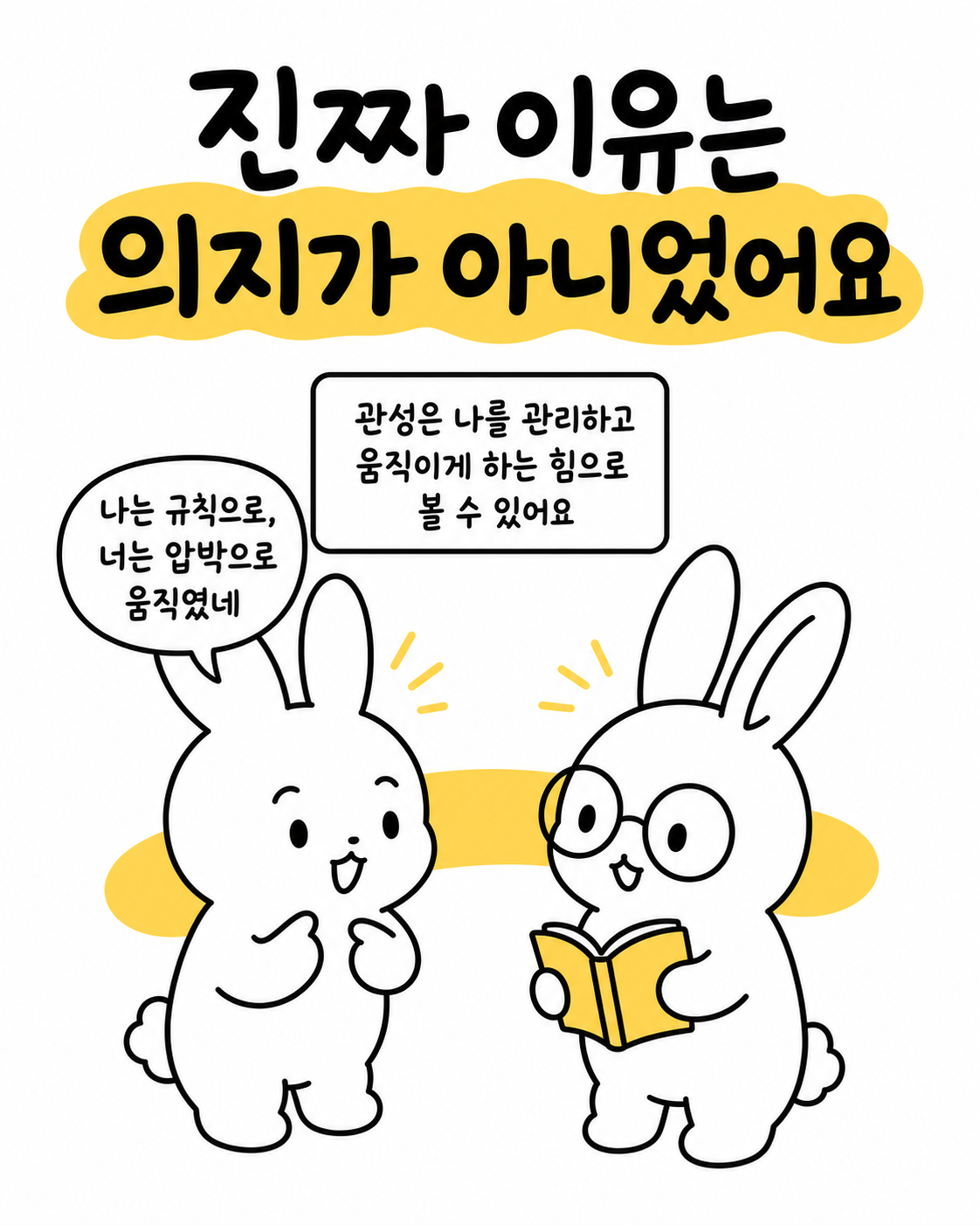 서로의 움직이는 방식을 이해하고 대화하며 책을 보는 두 토끼의 모습